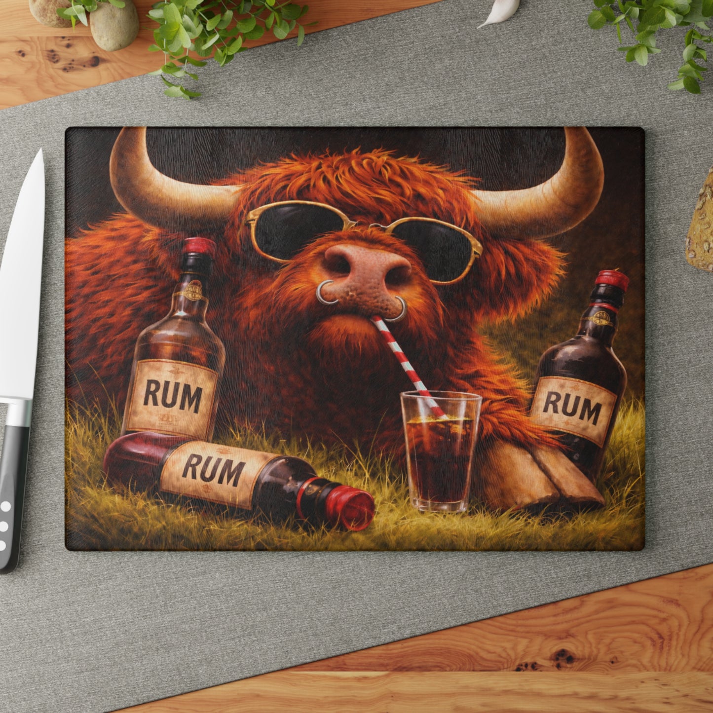 Sunglasses Highland Cow Glass Cutting Board – Bold Farm Bar Art with Playful Attitude