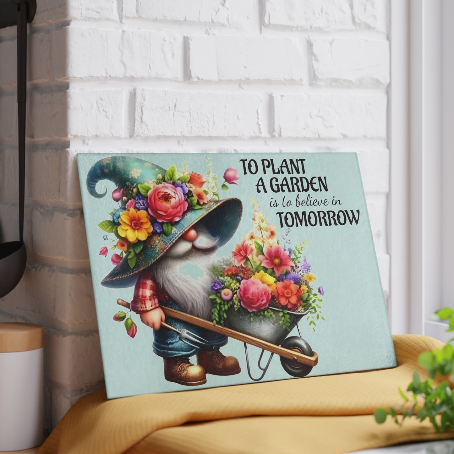 🌸🧙‍♂️ Garden Gnome Floral Cutting Board – Whimsical Kitchen Décor with Inspirational Quote 🌿✨