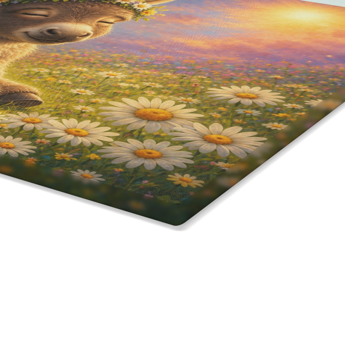Baby Donkey in Daisy Field Glass Cutting Board – Adorable Farm Animal Kitchen Decor with Floral Meadow Artwork