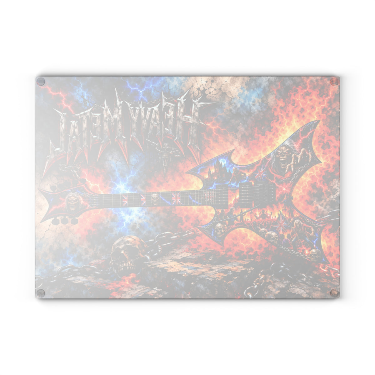 Heavy Metal Guitar Glass Cutting Board – Electric Guitar, Fire, Lightning, Skulls & Rock Music Artwork