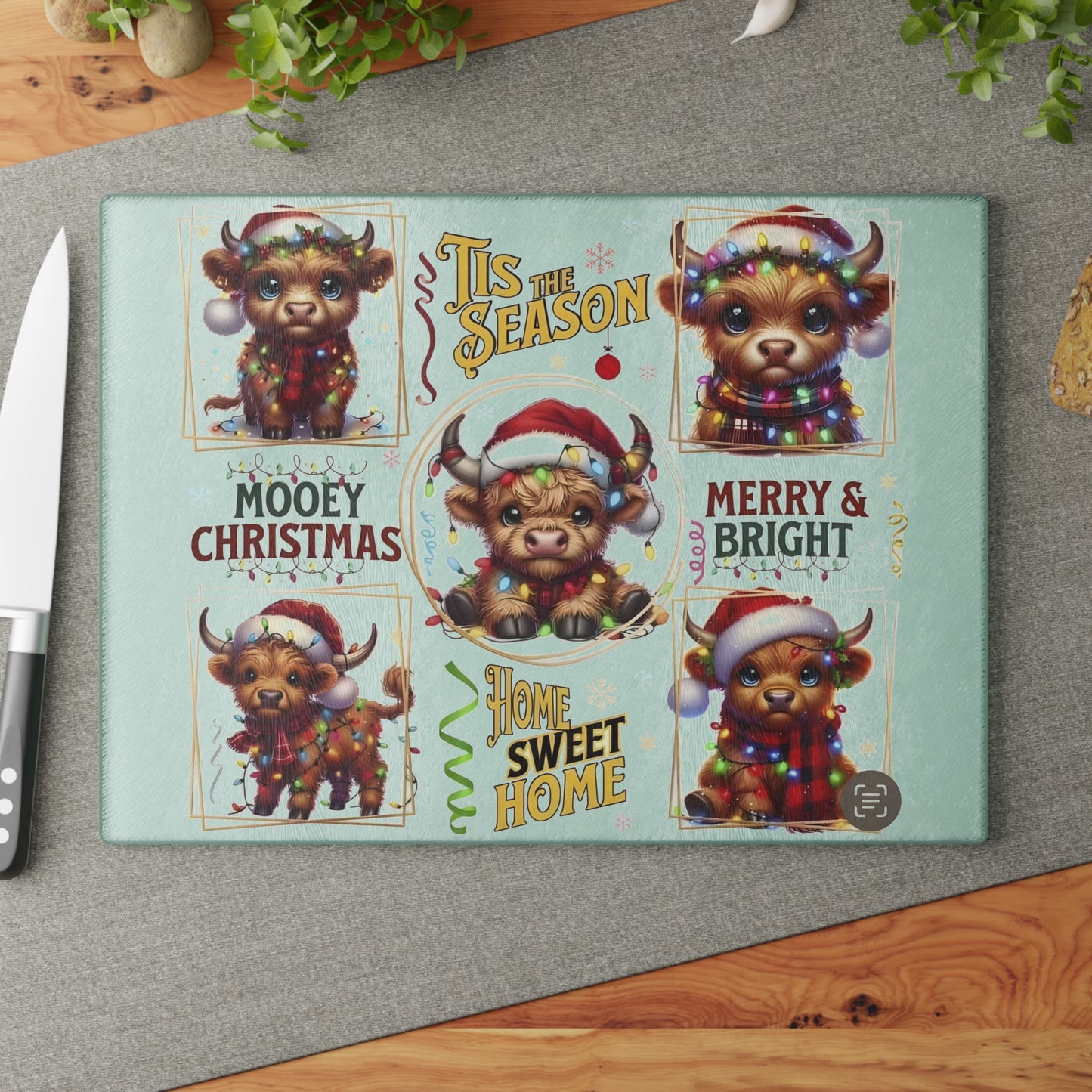 🎄 ’Tis the Season Highland Cow – Merry & Bright Christmas Cutting Board
