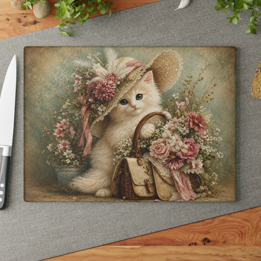Vintage Floral Kitten Tempered Glass Cutting Board