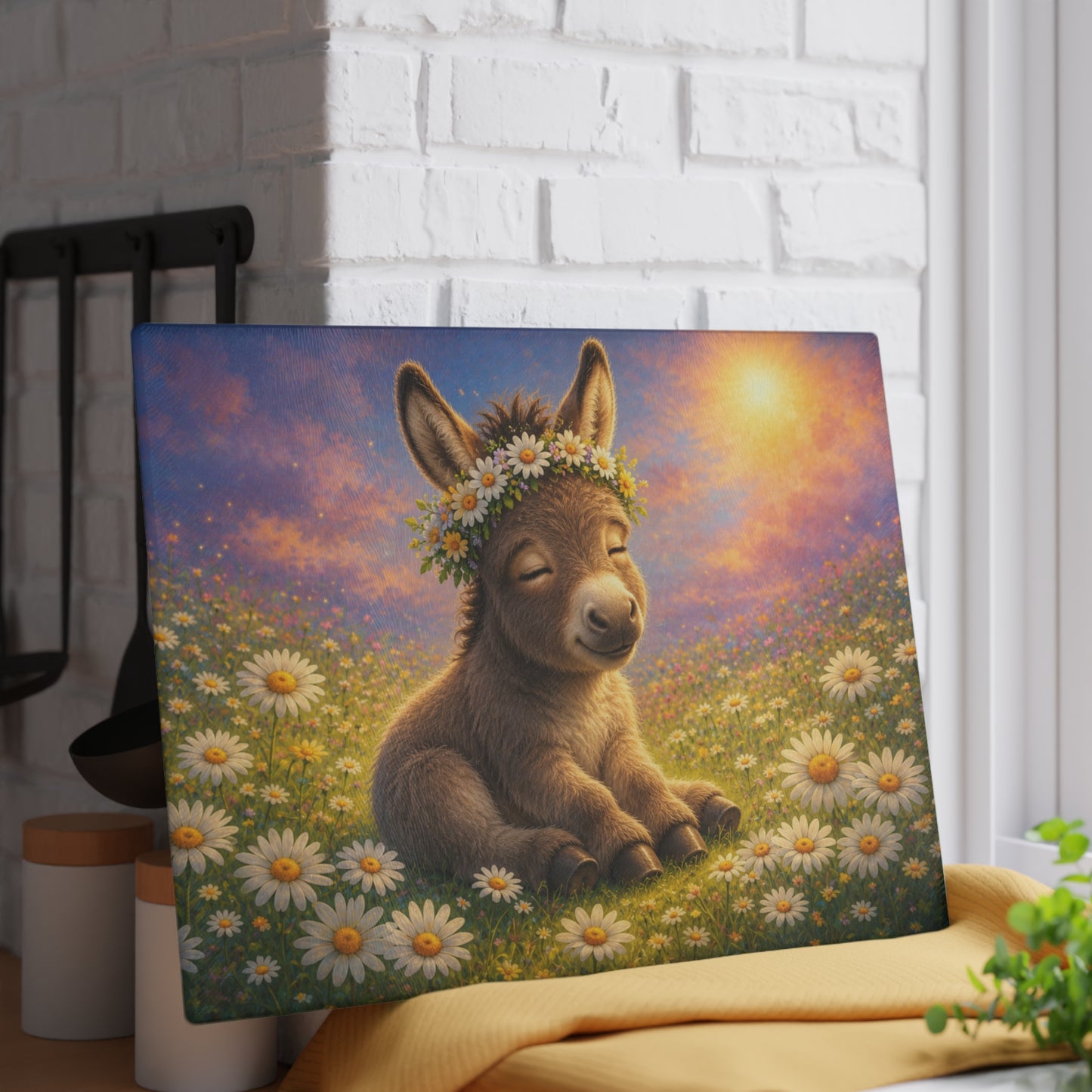 Baby Donkey in Daisy Field Glass Cutting Board – Adorable Farm Animal Kitchen Decor with Floral Meadow Artwork