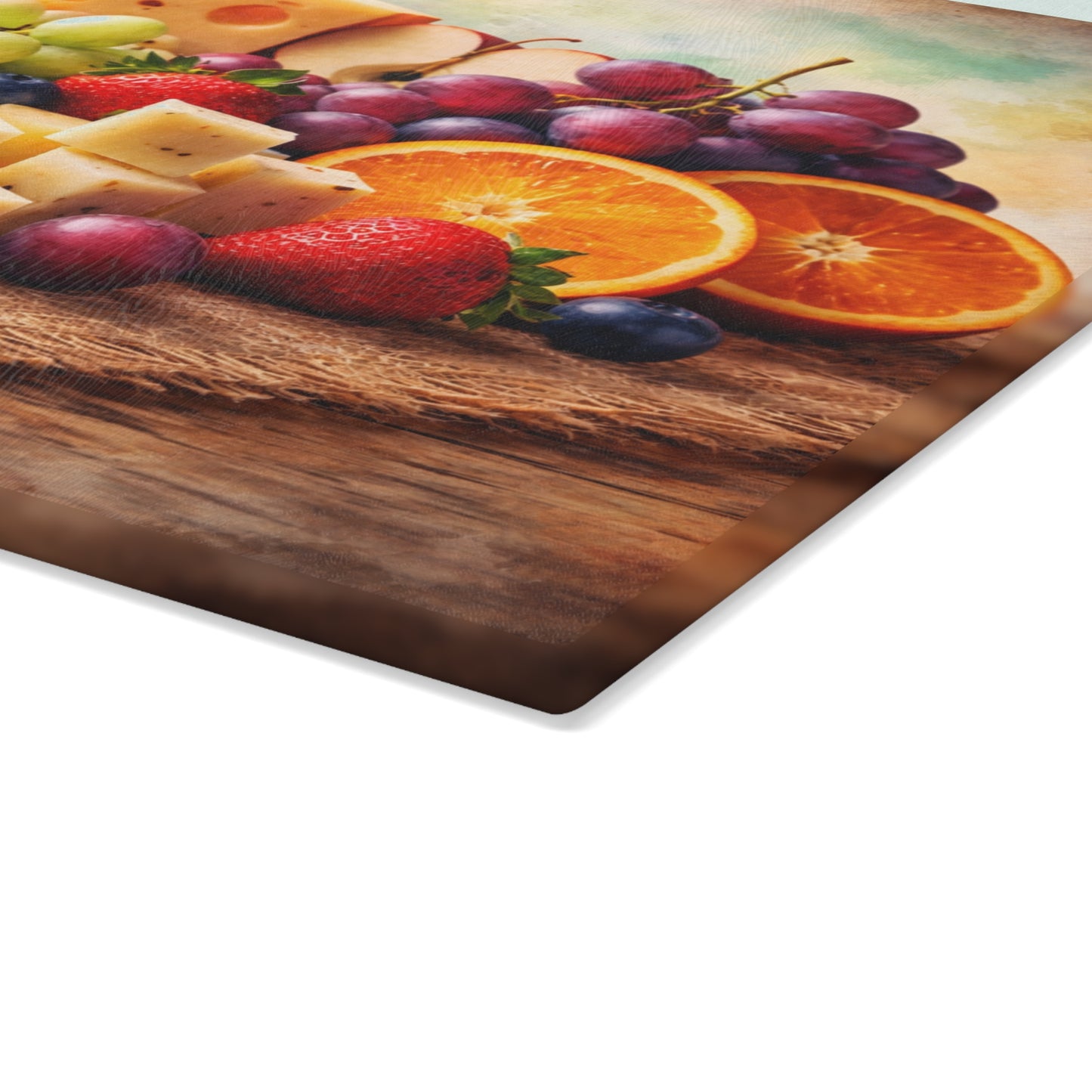 Farmhouse Fruit and Cheese Still Life Glass Cutting Board – Rustic Kitchen Art with Vibrant Harvest Colors