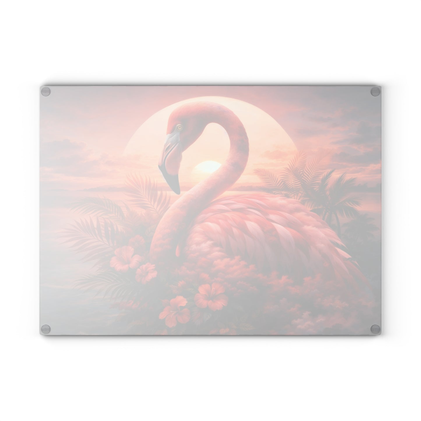 Flamingo Sunset Glass Cutting Board – Tropical Coastal Art Kitchen Display