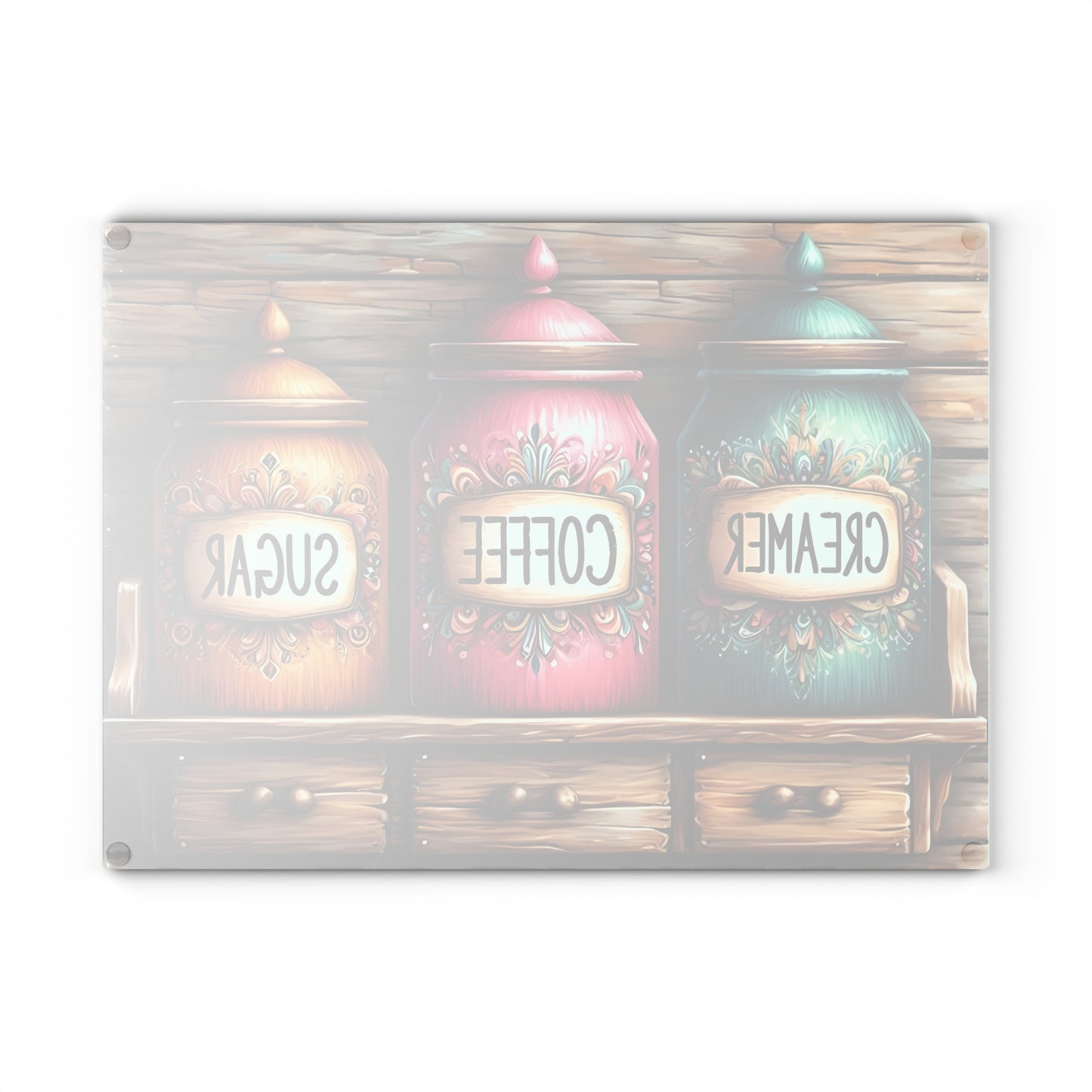 Farmhouse Canister Glass Cutting Board – Coffee, Sugar & Creamer Display