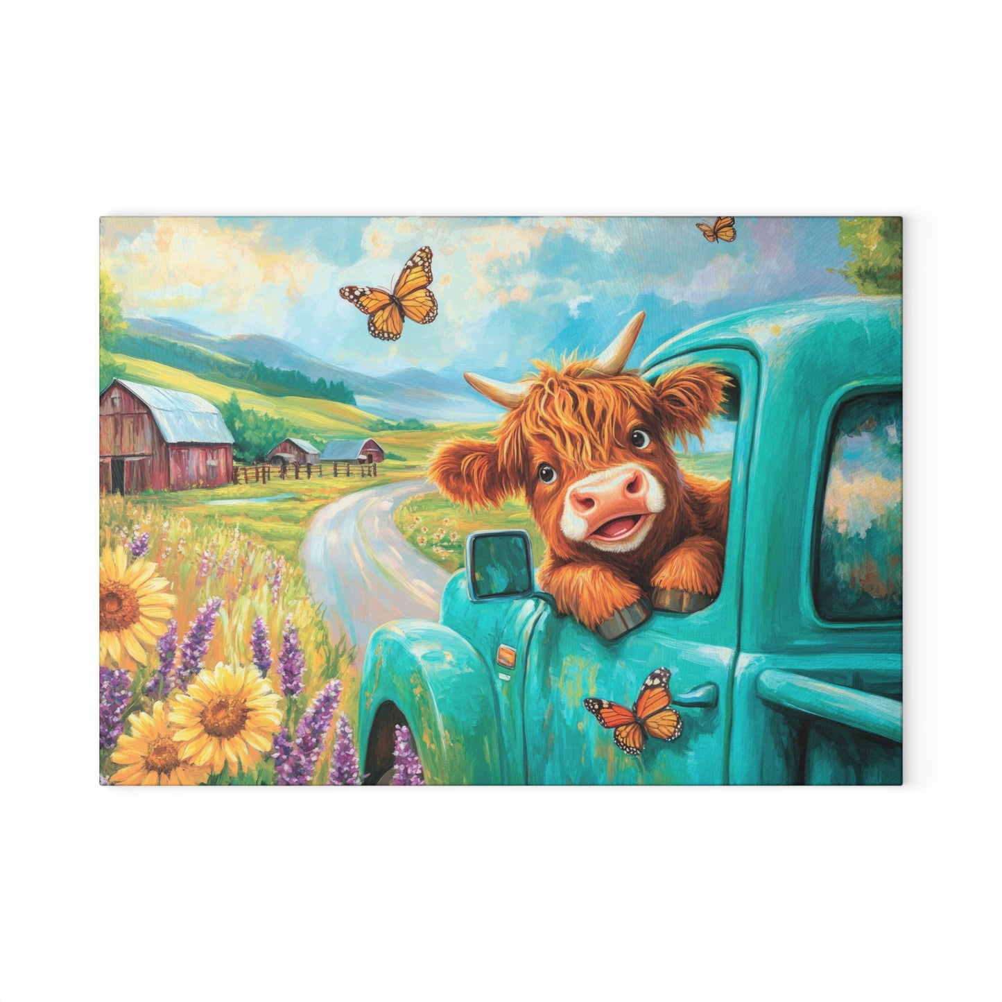 🚜🌻 Baby Highland Cow in Old Truck Glass Cutting Board – Rustic Farm Charm with Sunflowers & Barn 🌼