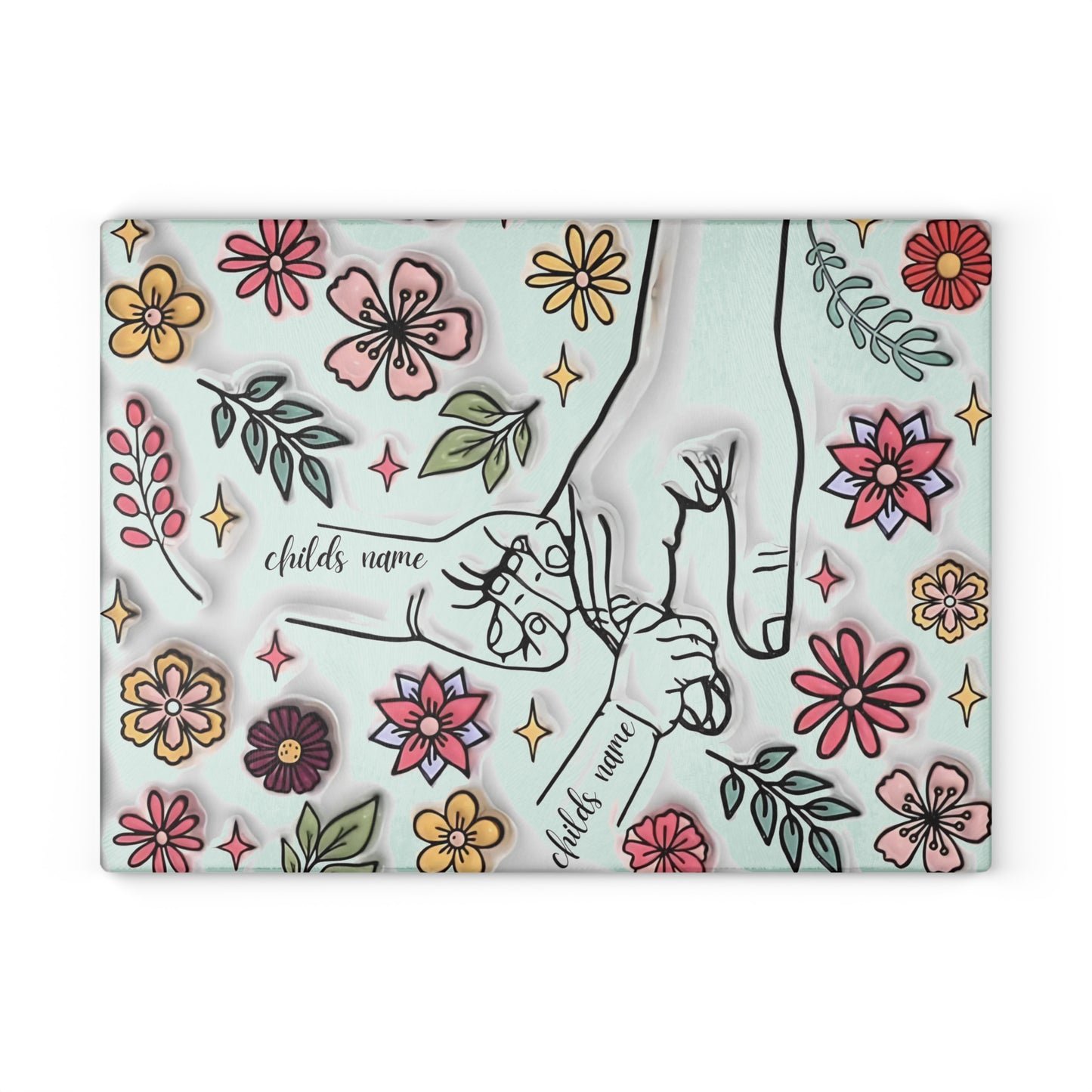 Tabla de cortar de vidrio templado personalizada con las manos de la madre | Arte floral 3D | Nombres personalizados para niños | Regalo para el Día de la Madre