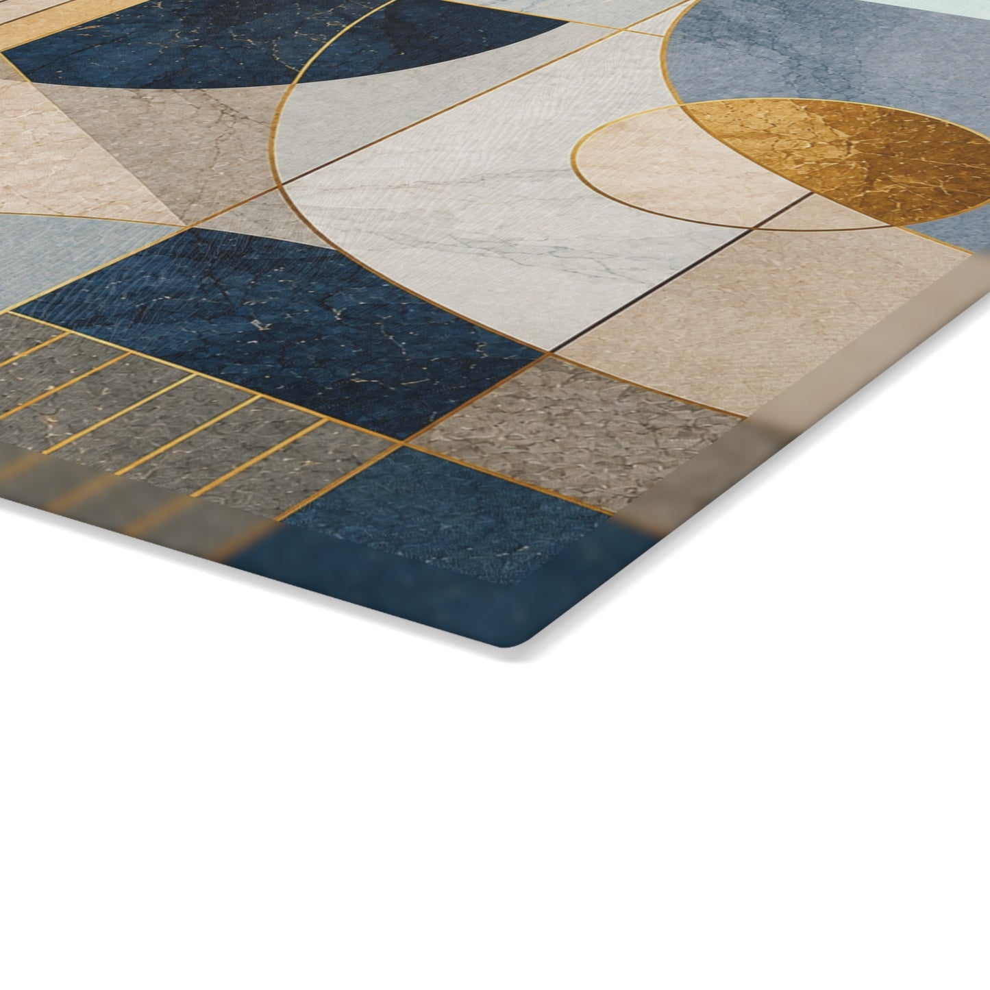 Modern Abstract Geometric Glass Cutting Board – Blue Beige & Gold Contemporary Kitchen Decor