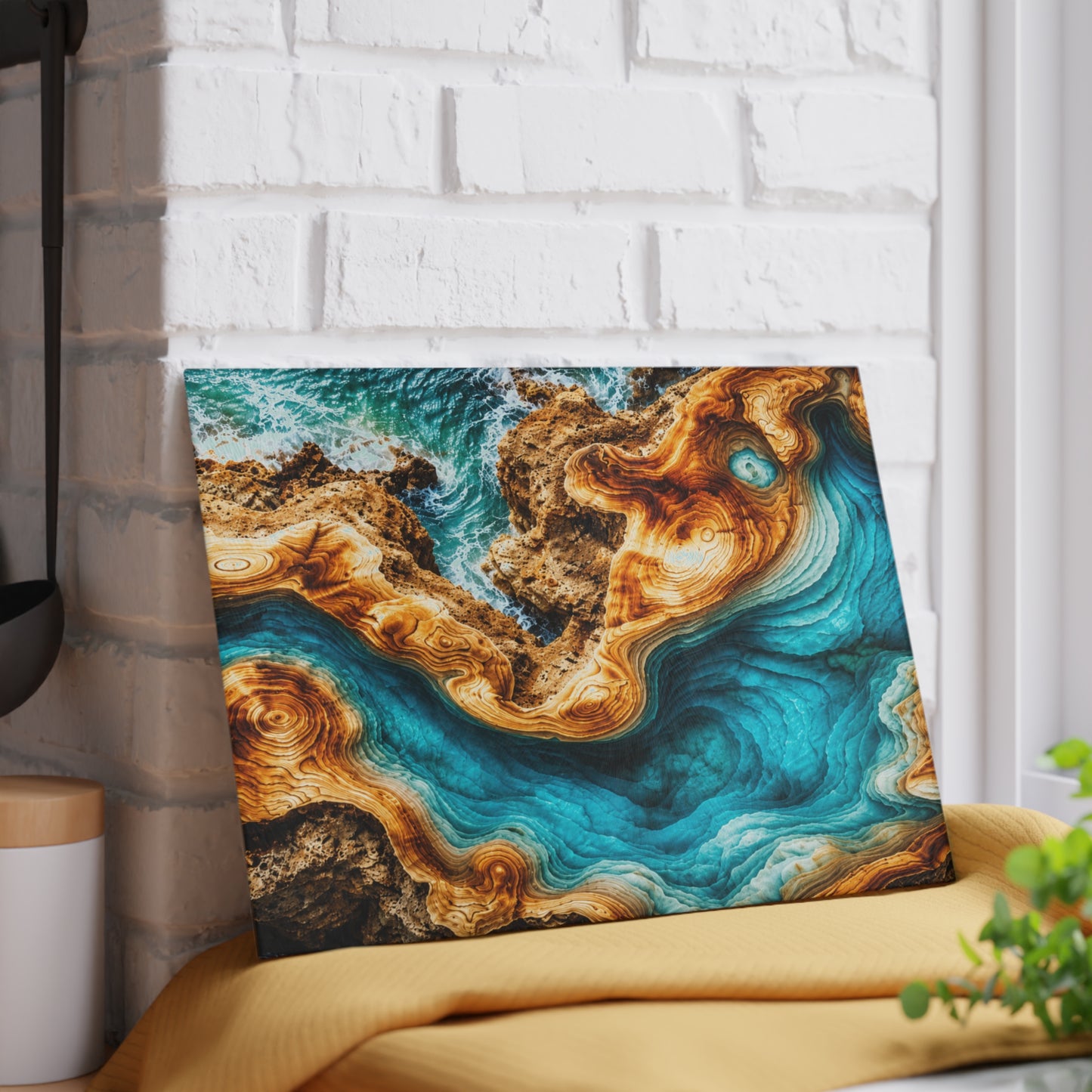 Coastal Ocean Resin-Style Abstract Glass Cutting Board – Turquoise Shoreline Artwork