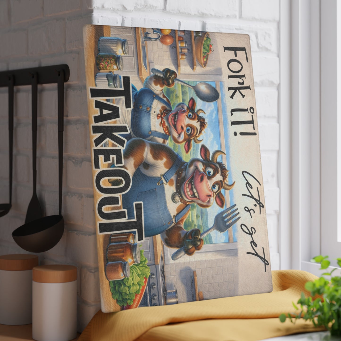 Fork It! Takeout Glass Cutting Board – Playful Cow Kitchen Art with Farmhouse Humor