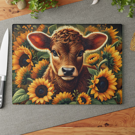 🌻 Sunflower Calf Cutting Board – Golden Blooms & Country Charm for Your Kitchen