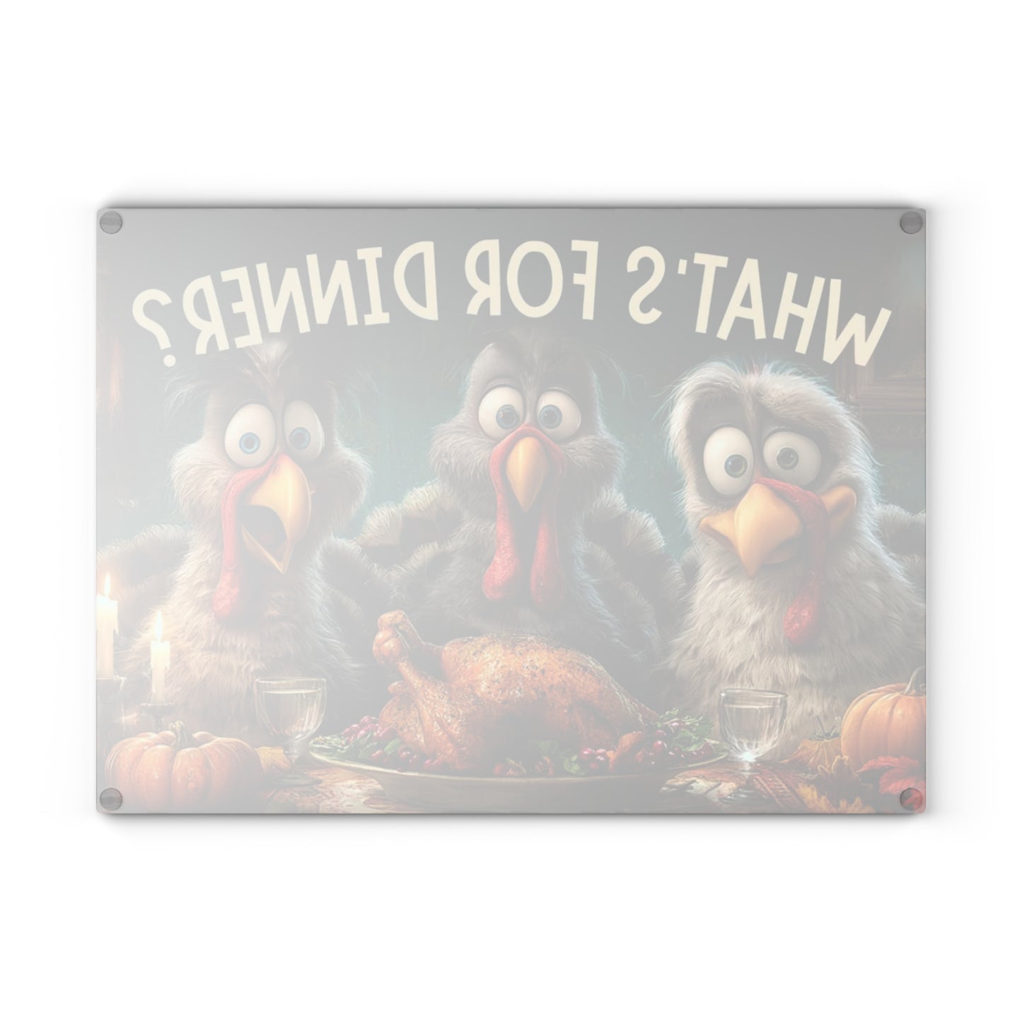 🦃🥔 “Dinner Time Surprise” Glass Cutting Board – Playful Rustic Kitchen Décor
