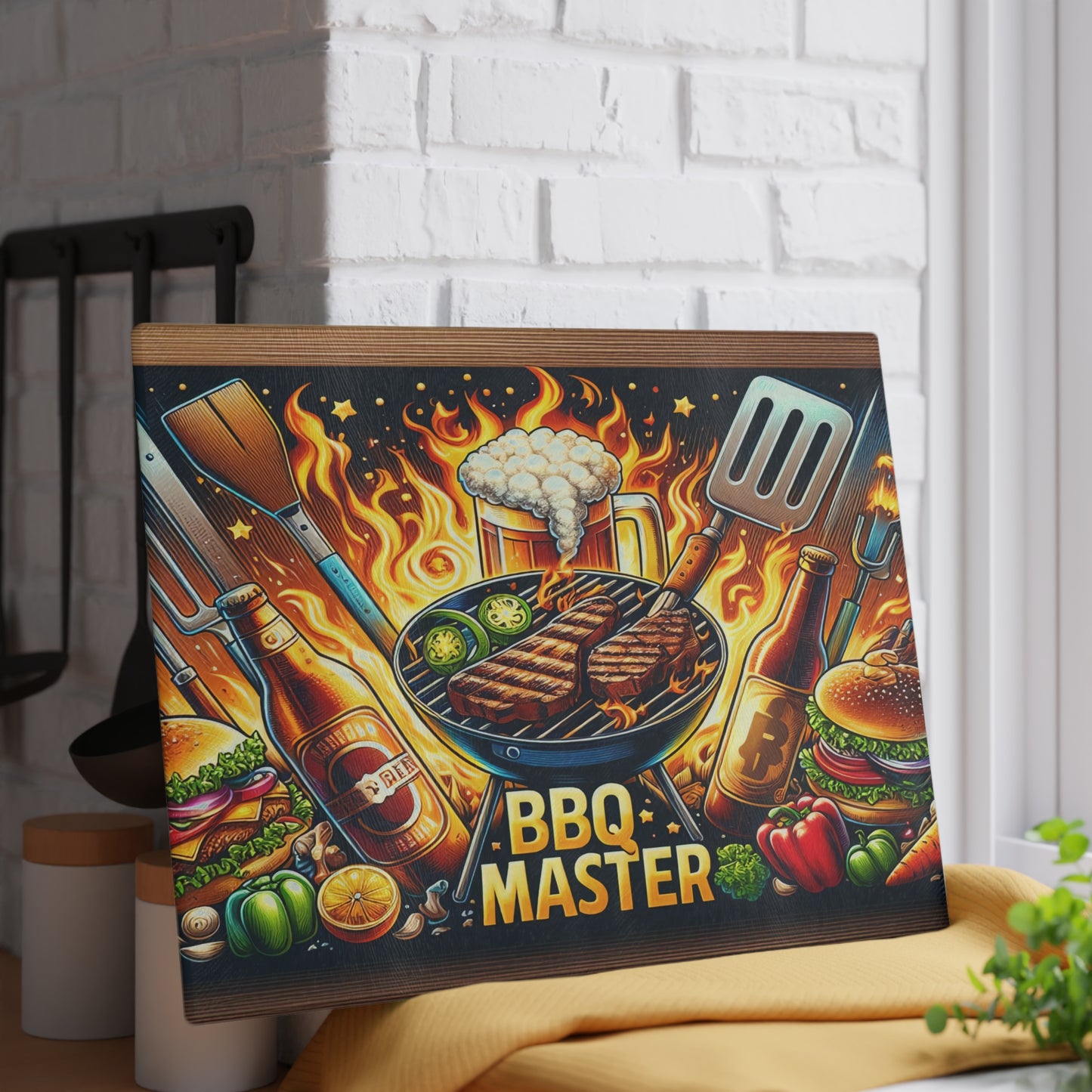 🔥🥩 BBQ Master Cutting Board – Bold Grill Lover’s Kitchen Décor with Flames & Flavor 🍔🍺