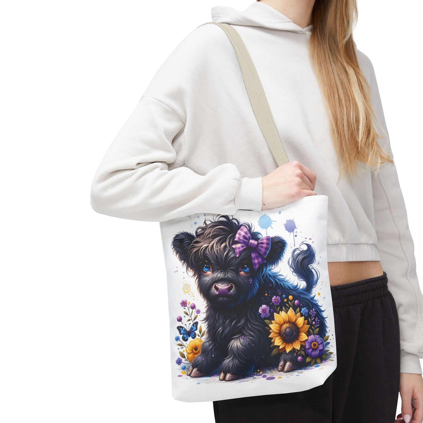 💜 Purple Bow Black Highland Calf Tote Bag – Country Charm with a Pop of Color 🐮👜