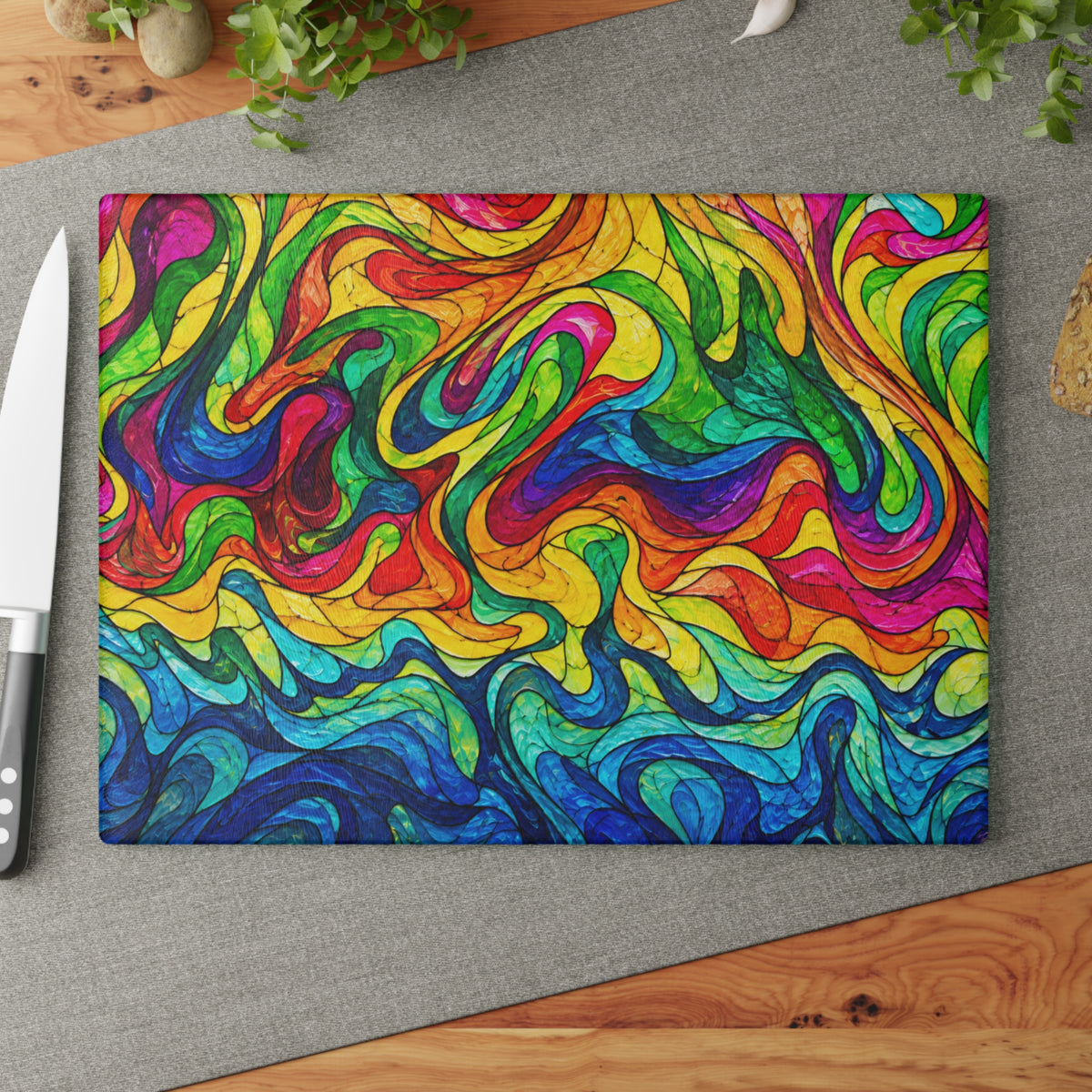 Rainbow Swirl Stained-Glass-Inspired Glass Cutting Board – Colorful Abstract Kitchen Decor
