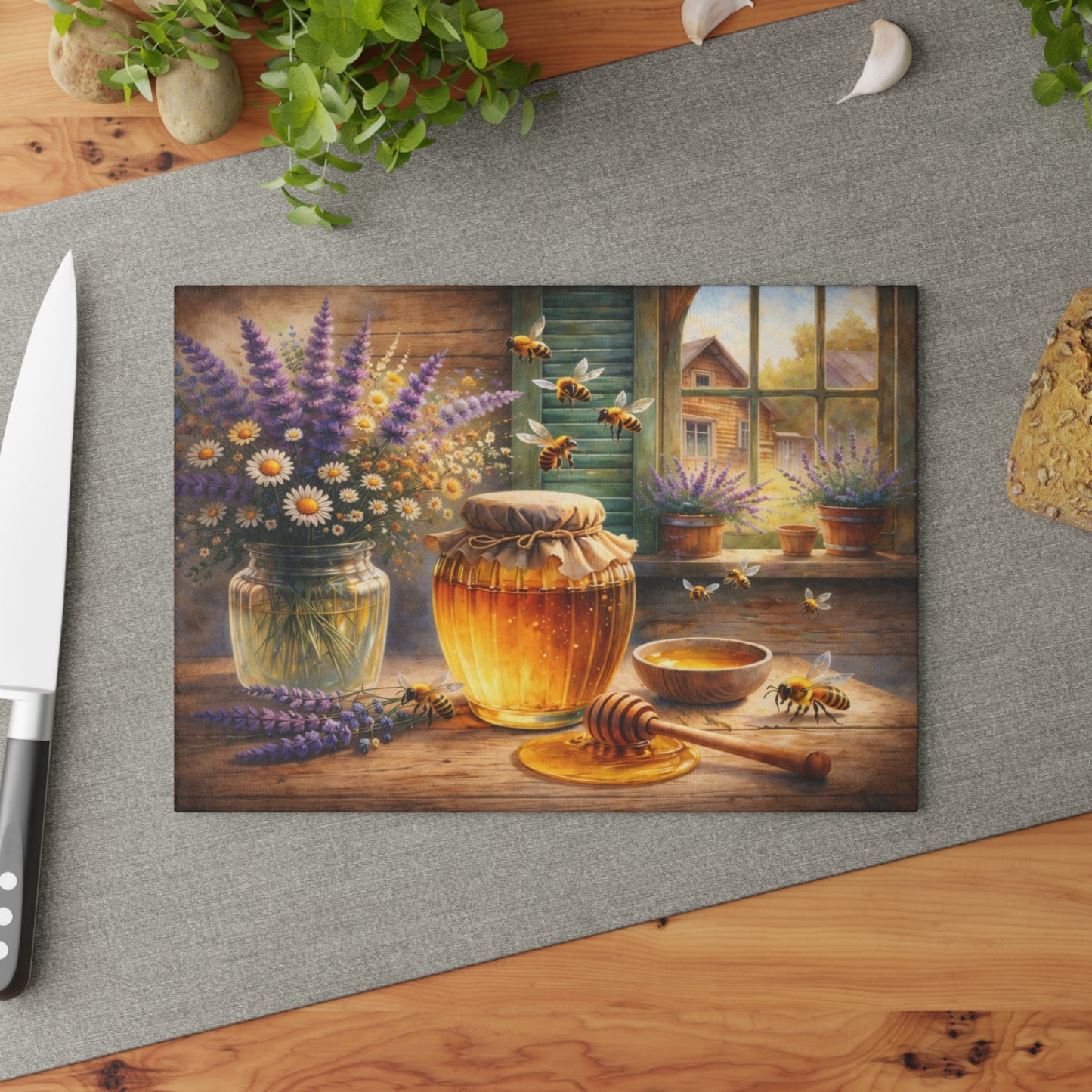 Golden Honey & Wildflowers Glass Cutting Board – Cozy Cottage Beekeeping Kitchen Art