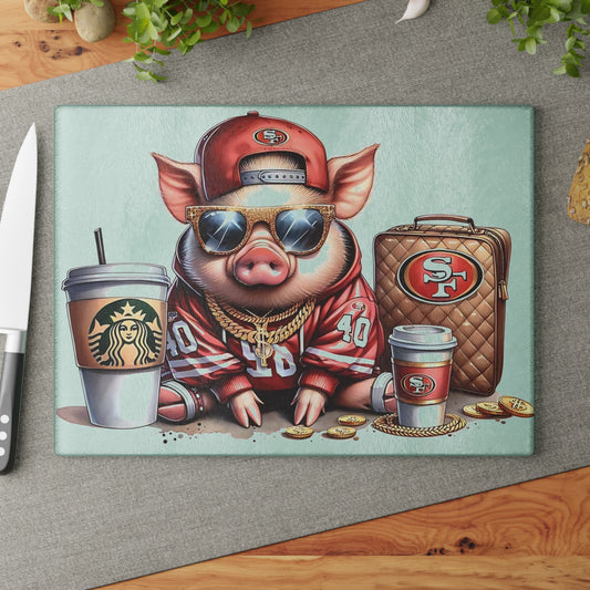 Tabla de cortar de vidrio Red Jersey Glam Pig: arte animal de lujo para una decoración de cocina audaz