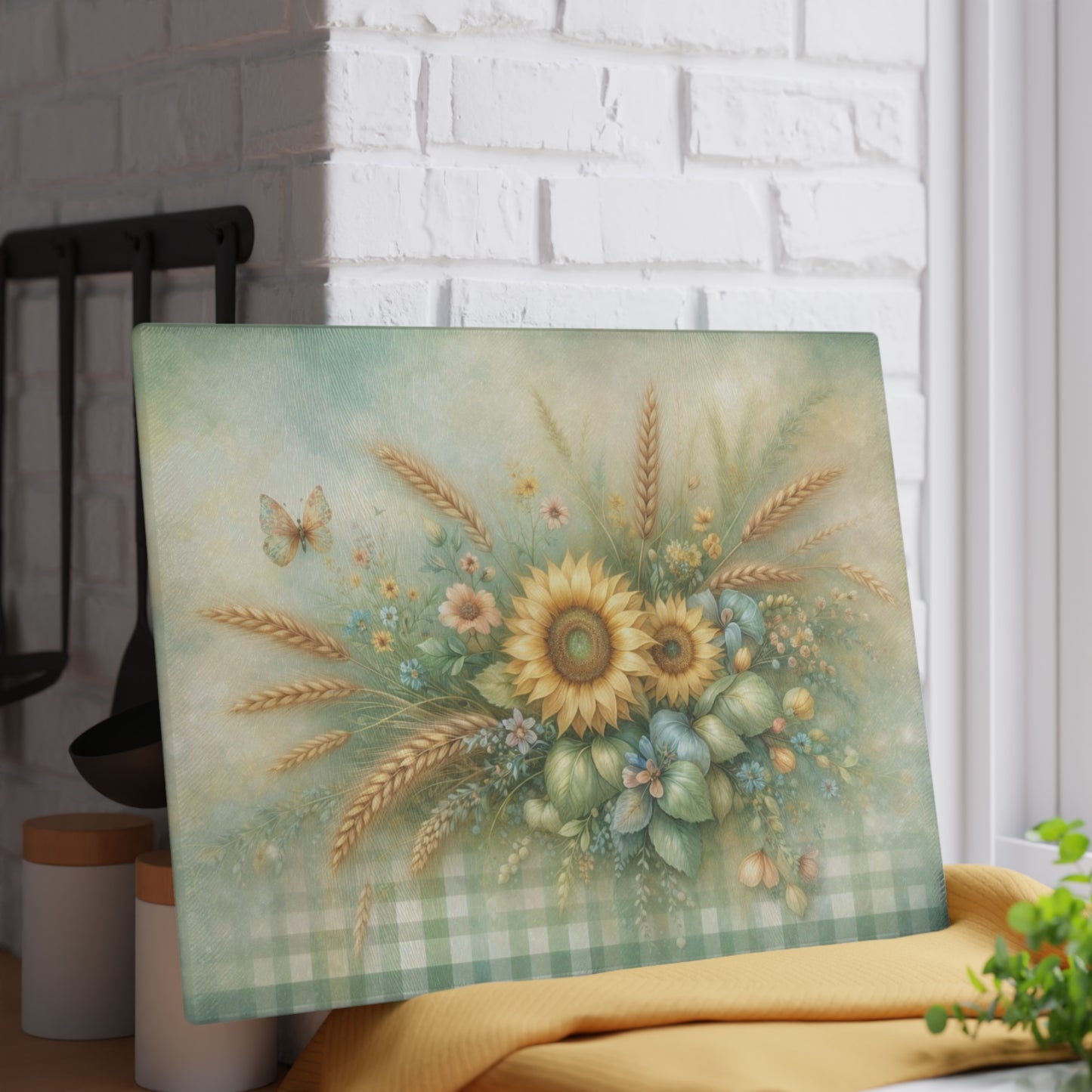 Sunflower and Wheat Garden Glass Cutting Board – Rustic Farmhouse Floral Kitchen Decor
