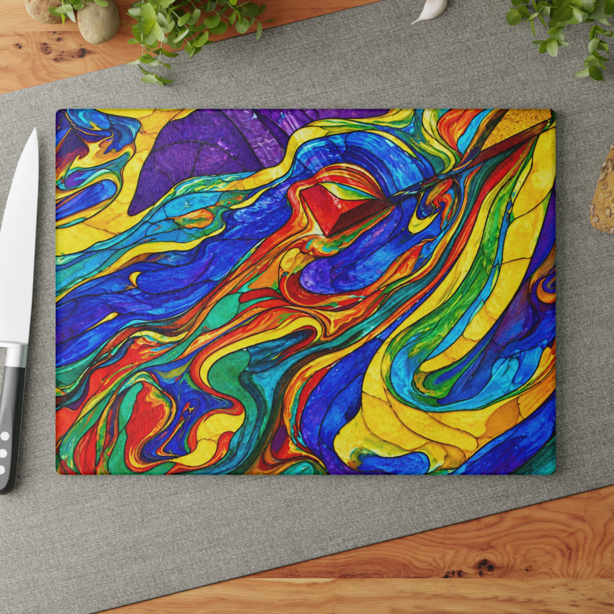 Colorful Marbled Swirl Glass Cutting Board – Bold Abstract Rainbow Kitchen Decor