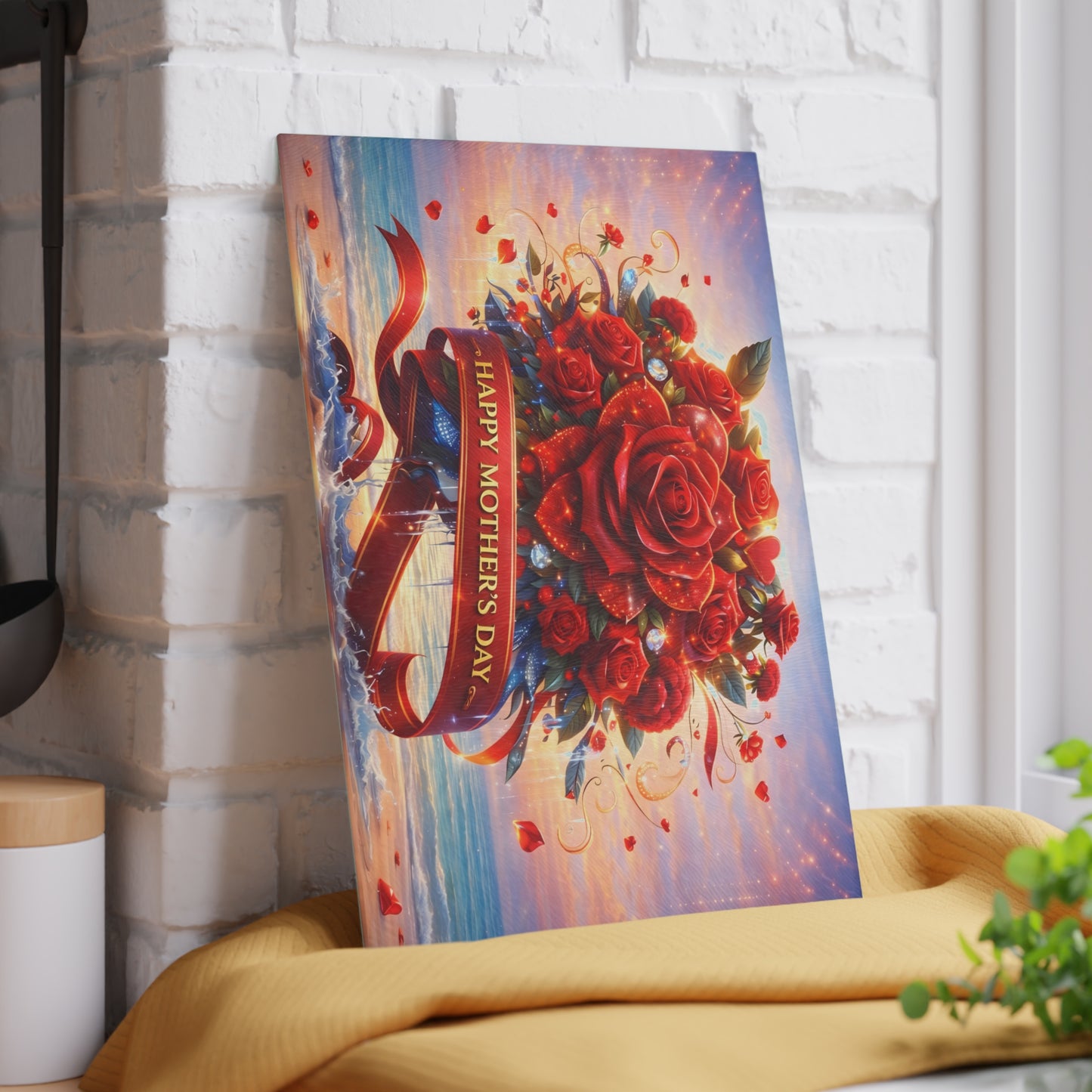 Happy Mothers Day Beach-Themed Glass Cutting Board – "Happy Mother’s Day" Ribbon with Roses, Glass cutting board, beach decor, coastal kitchen, Charcuterie Board, Custom cutting board, Flowers