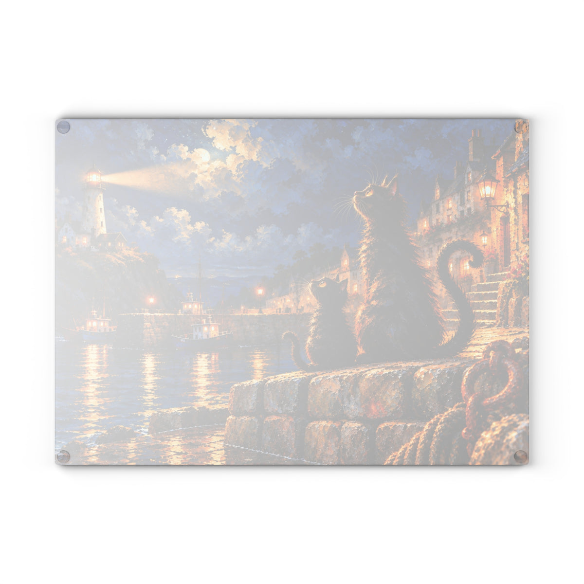 Moonlit Harbor Cats – Coastal Lighthouse Tempered Glass Cutting Board – 11 × 15 Inches