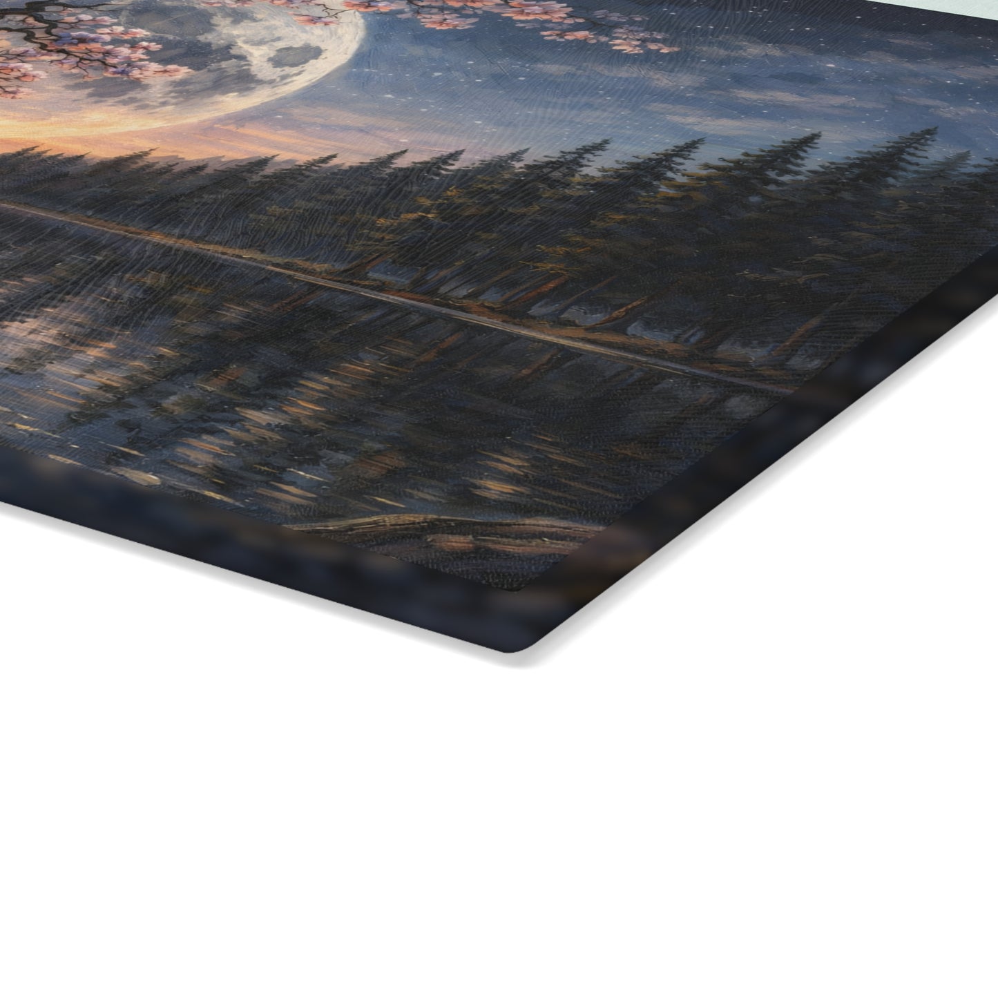 Moonlit Blossom Tree Glass Cutting Board – Dreamlike Night Landscape Art