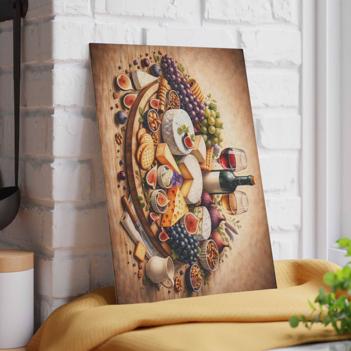 Artisan Cheese & Wine Still Life Glass Cutting Board – Elegant Entertaining Kitchen Décor