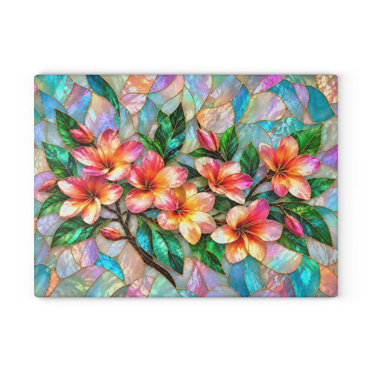 Stained-Glass-Inspired Tropical Plumeria Cutting Board – Pink & Golden Frangipani Flowers, Iridescent Mosaic Background & Botanical Kitchen Décor
