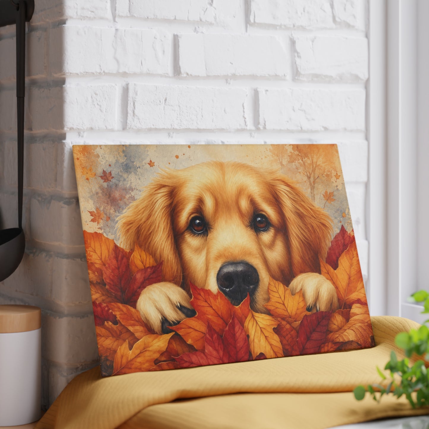 Golden Retriever Autumn Leaves Glass Cutting Board – Cozy Fall Dog Kitchen Décor