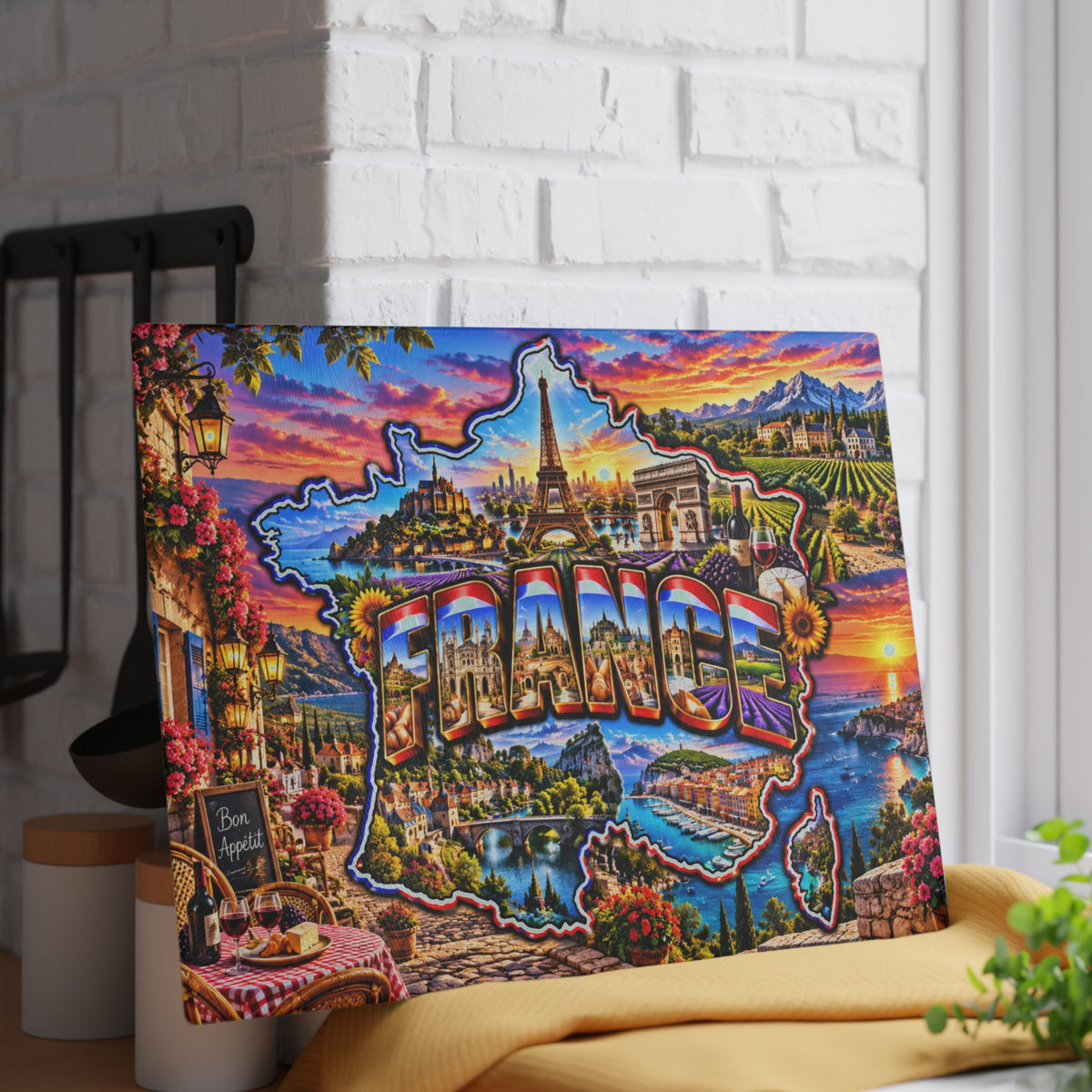 France Map Cutting Board – Eiffel Tower, Paris Landmarks, Lavender Fields, French Riviera & Scenic Kitchen Décor