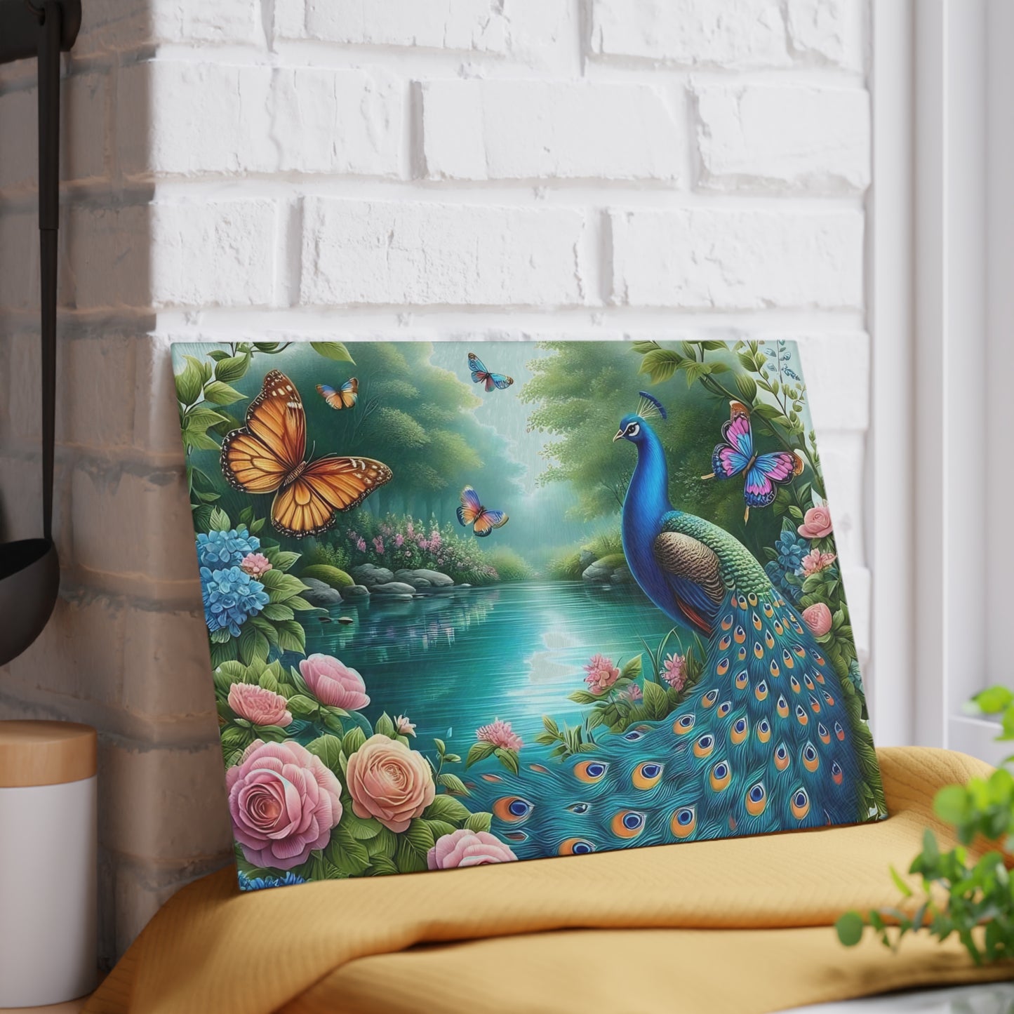 Peacock decor, butterfly decor, cutting board, kitchen decor, kitchen art, serving board, peacock gift, butterfly gift, floral cutting board