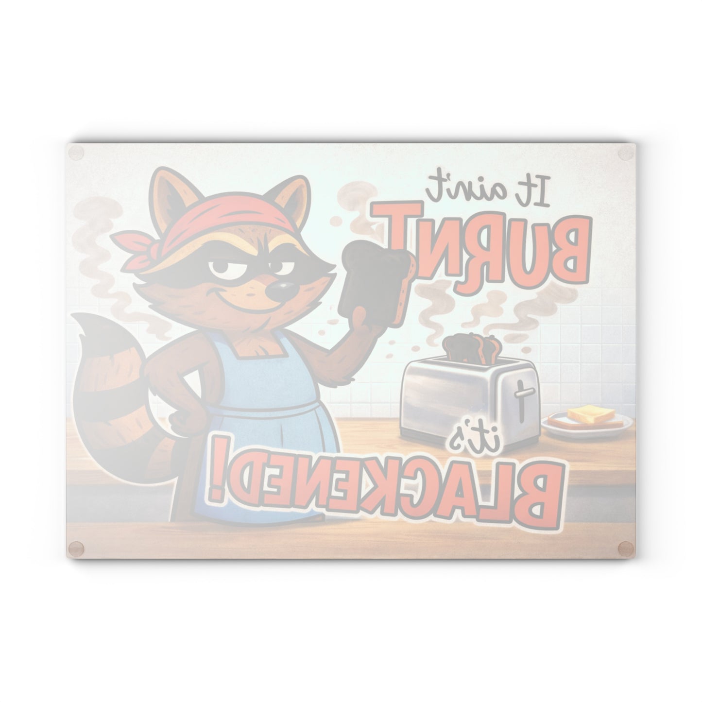 It Ain’t Burnt, It’s Blackened Glass Cutting Board – Sassy Raccoon Kitchen Art with Attitude