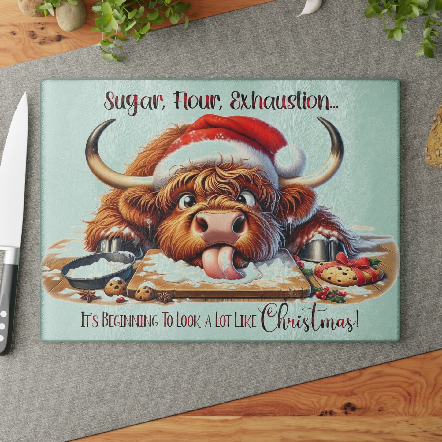 🤣🐮 “Sugar, Flour, Exhaustion” Highland Cow – Funny Christmas Baking Cutting Board 🎄✨