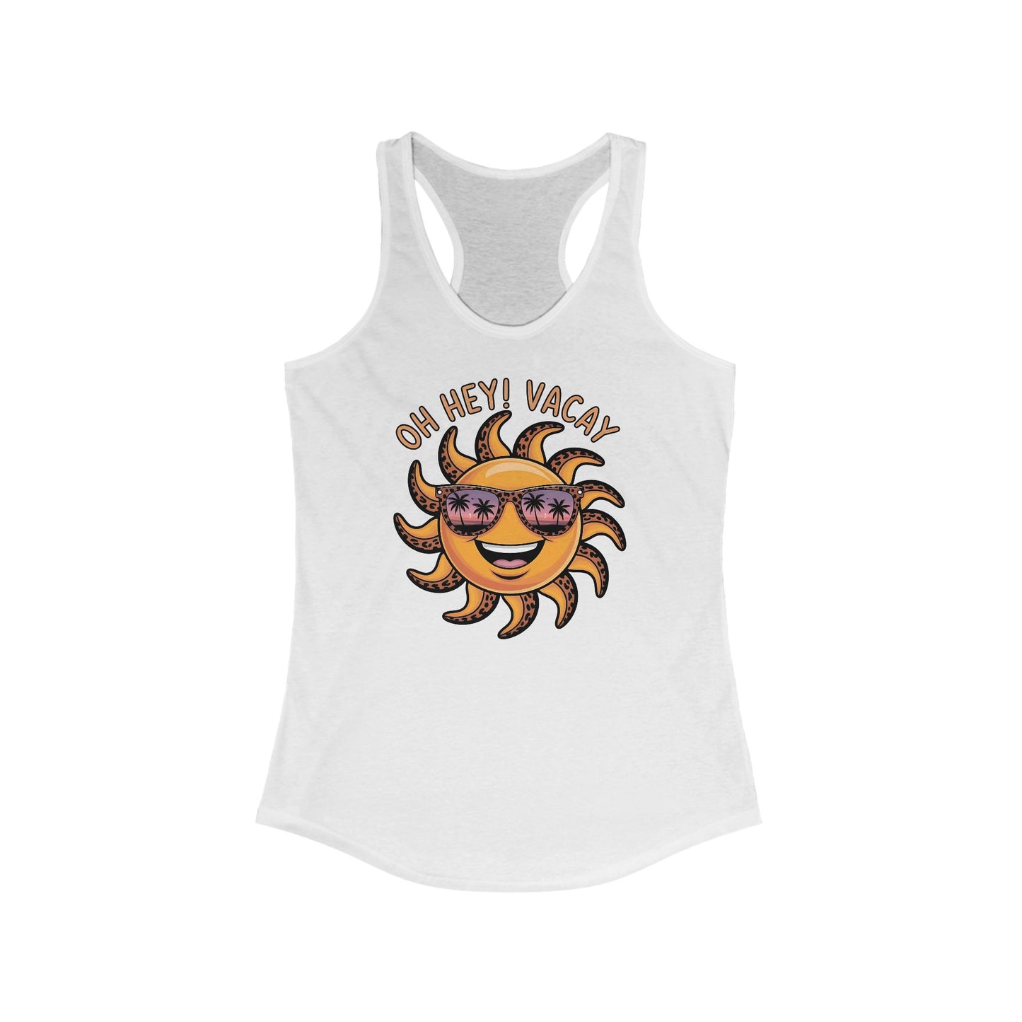 ☀️ ¡Hola! Camiseta de tirantes Vacay con espalda nadadora – Sol sonriente con gafas de sol | Camiseta de tirantes estampada de verano para mujer