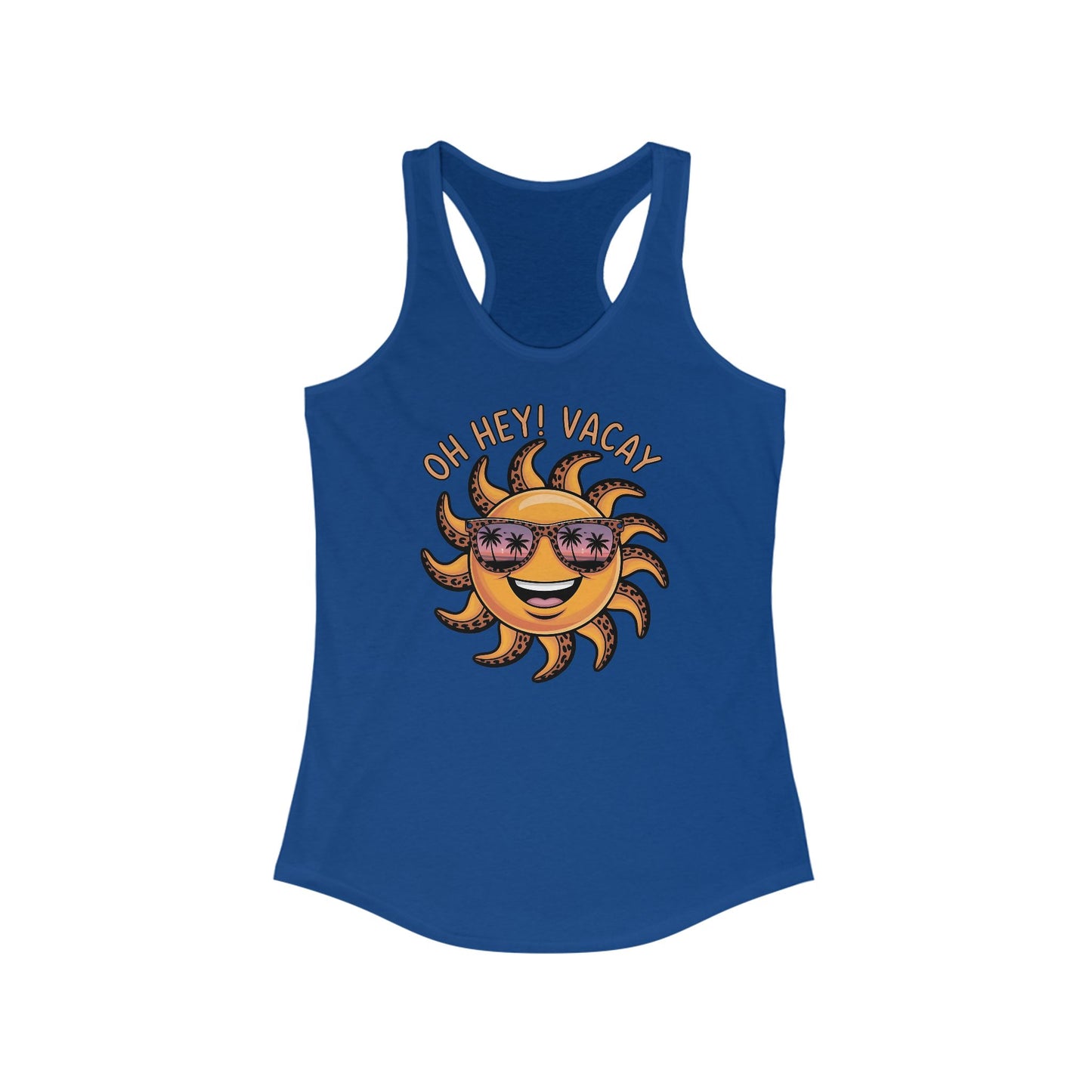 ☀️ ¡Hola! Camiseta de tirantes Vacay con espalda nadadora – Sol sonriente con gafas de sol | Camiseta de tirantes estampada de verano para mujer
