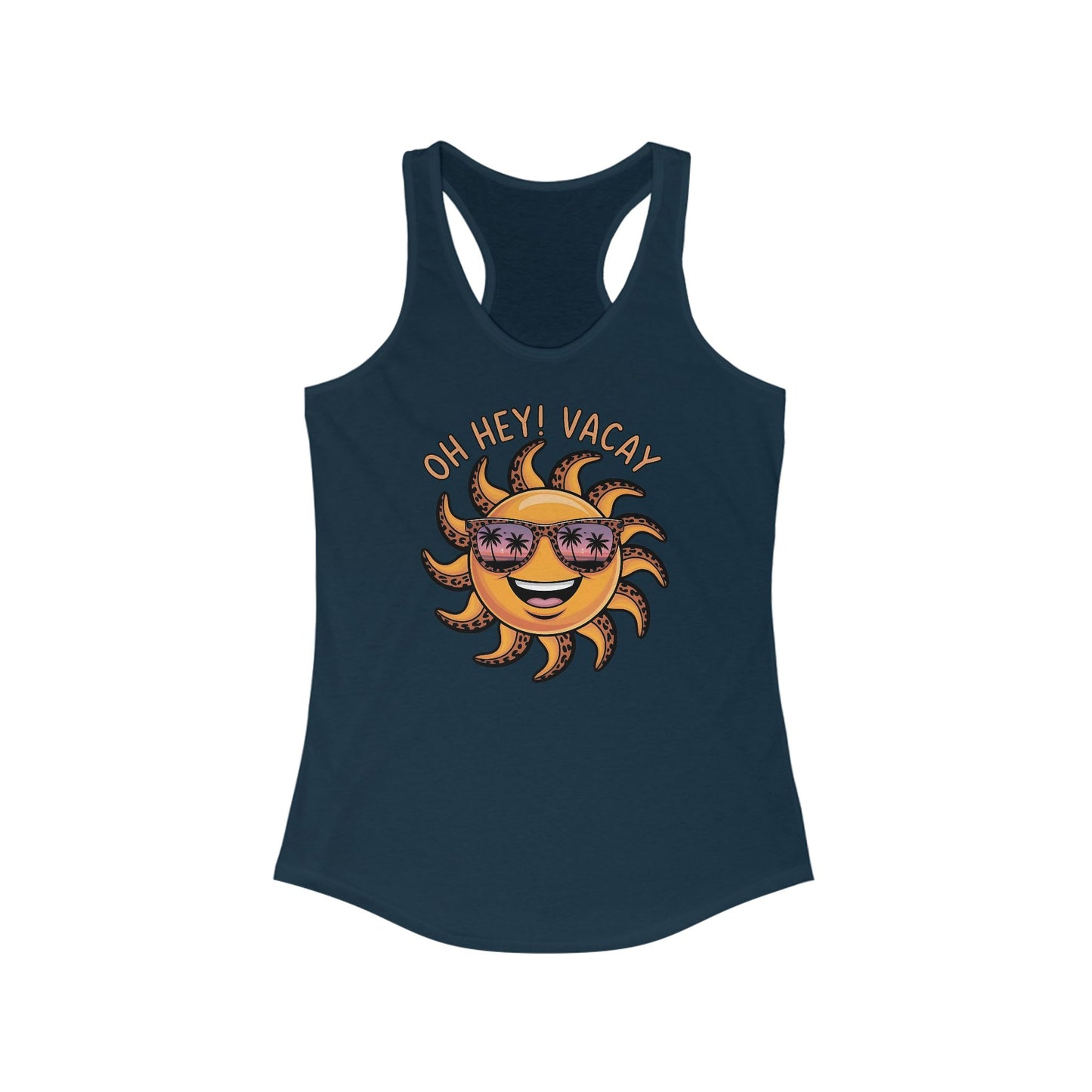☀️ ¡Hola! Camiseta de tirantes Vacay con espalda nadadora – Sol sonriente con gafas de sol | Camiseta de tirantes estampada de verano para mujer