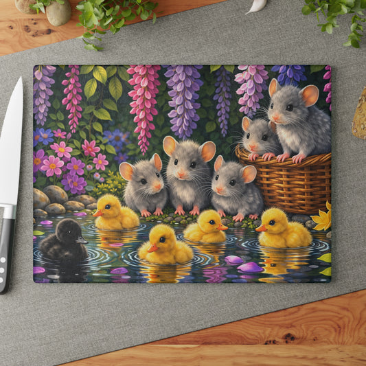 Baby Ducklings and Mice Pond Glass Cutting Board – Whimsical Woodland Garden Artwork