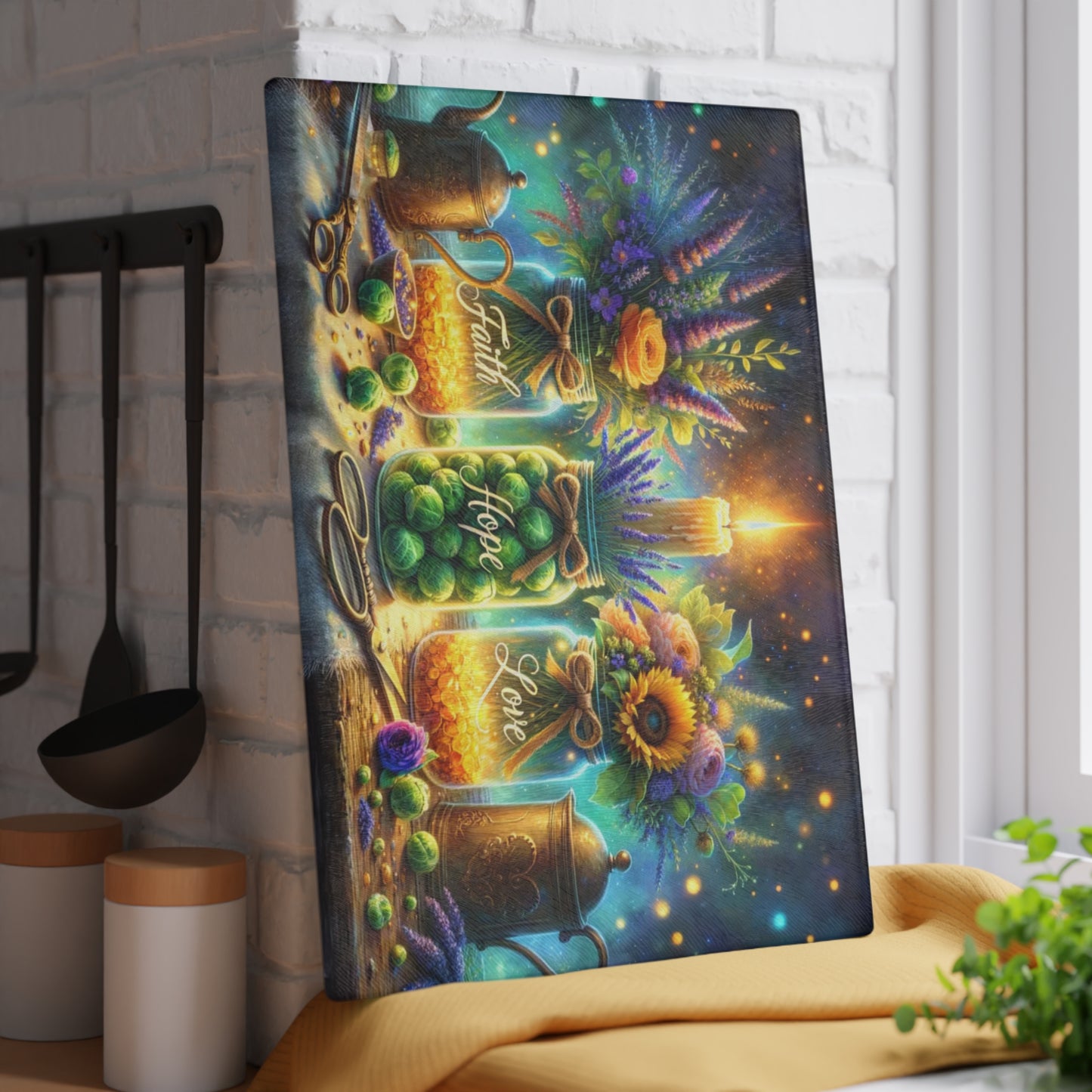 🕯️🌼 “Faith • Hope • Love” Mason Jar Glass Cutting Board – Warm Glow for Your Kitchen