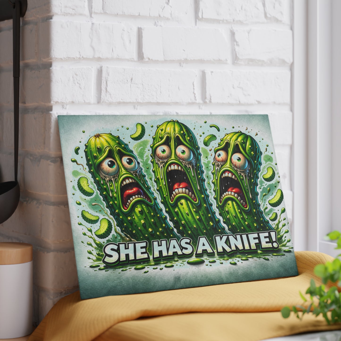 She Has a Knife! Glass Cutting Board – Pickle Panic Funny Kitchen Decor