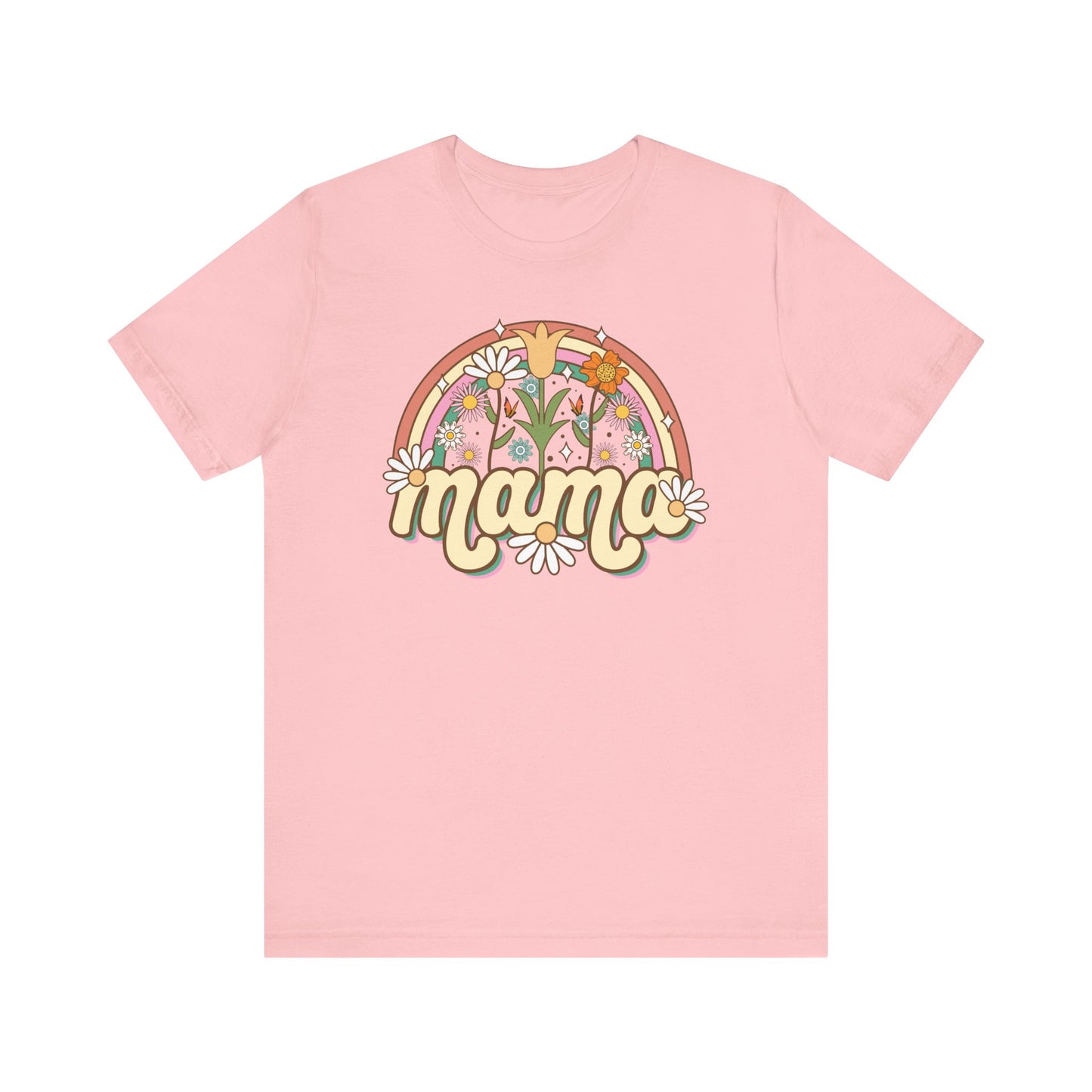 🌼🌈 Retro Floral Mama T-Shirt – Boho Rainbow Graphic Tee for Moms 🌻✨