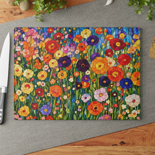 Colorful Wildflower Stained-Glass-Inspired Glass Cutting Board – Floral Kitchen Decor