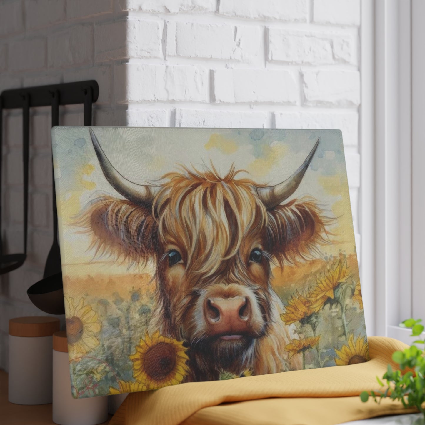 Tabla de cortar de vidrio templado con diseño de vaca de las Tierras Altas, tabla de cortar con diseño de girasol, decoración rústica de granja, regalo para amantes de las vacas, tabla de charcutería, regalos para vacas