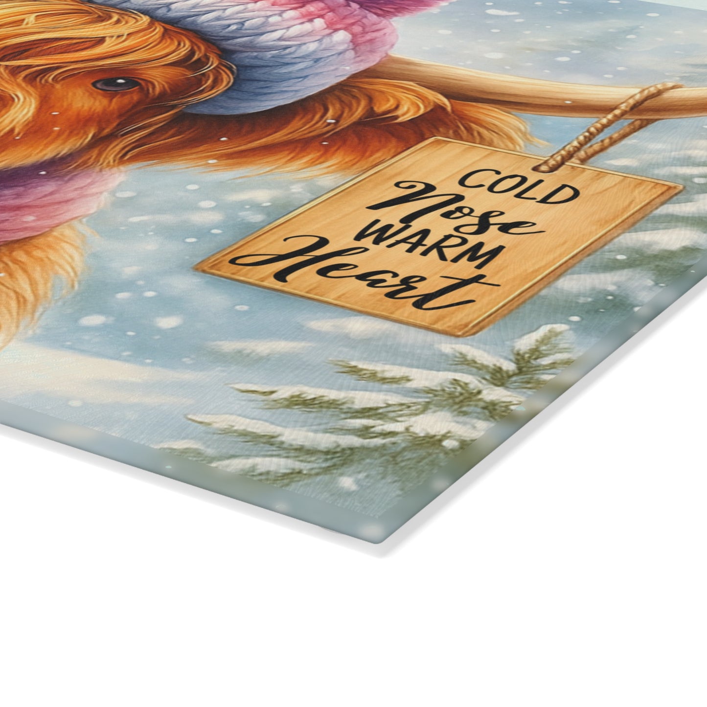🐮❄️ “Cold Nose, Warm Heart” Tempered Glass Board – Cozy Highland Winter Vibes
