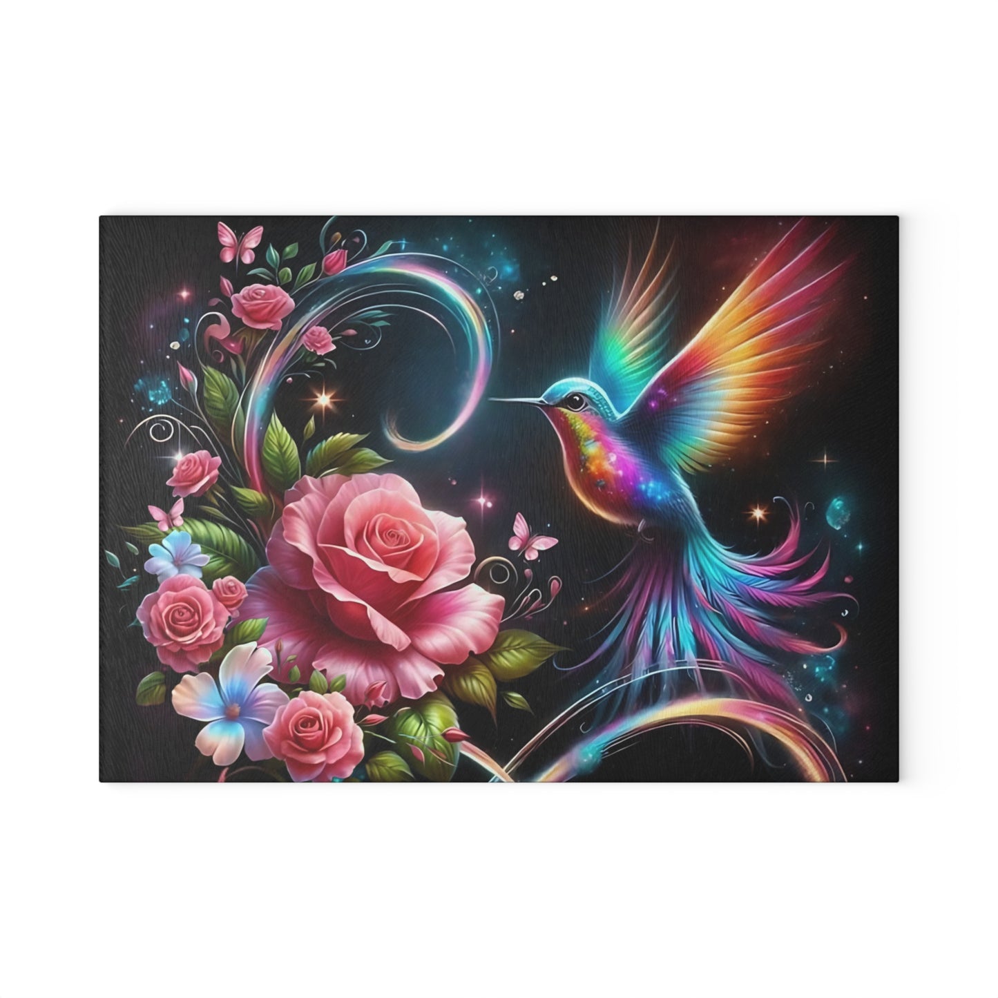 Hummingbird & Roses Tempered Glass Cutting Board – Floral Kitchen Decor, Spring Gift, Mother’s Day Present