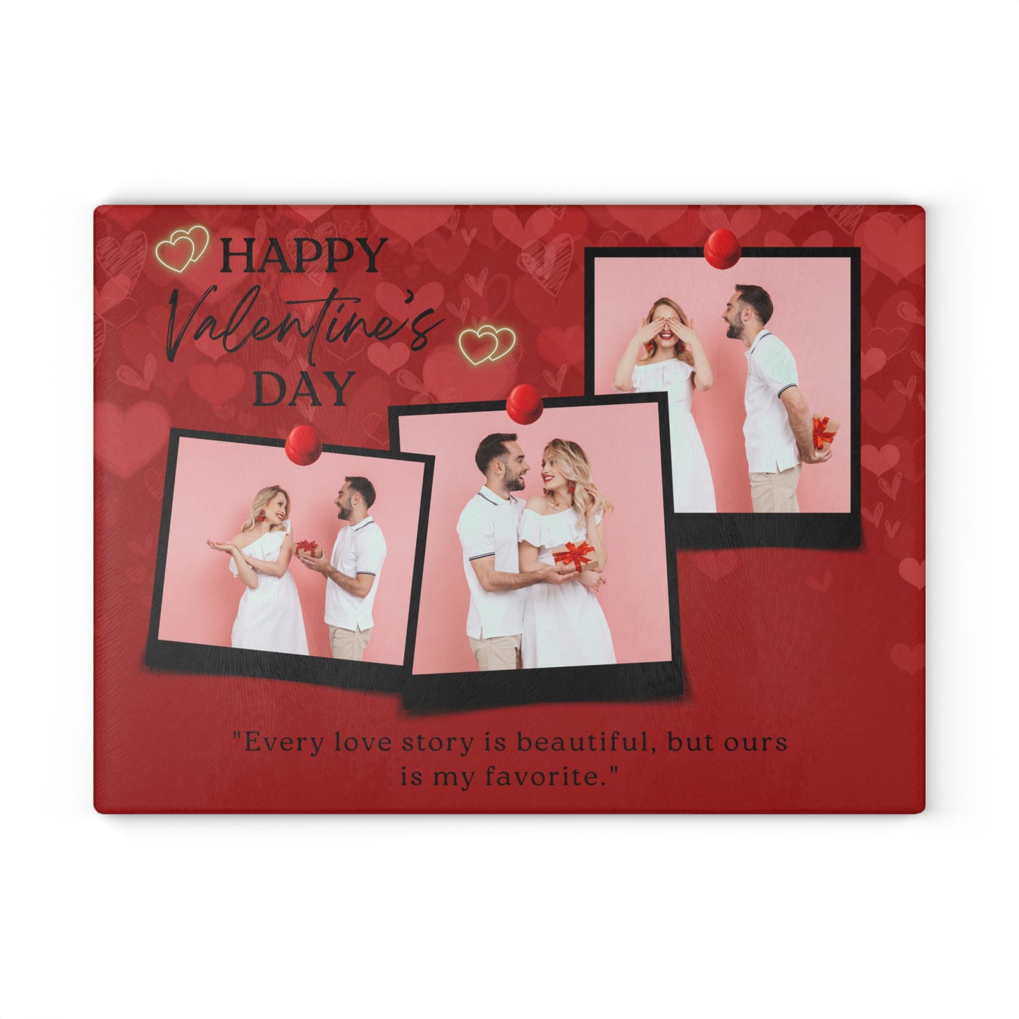 Happy Valentine’s Day Photo Collage Glass Cutting Board – Romantic Personalized Keepsake
