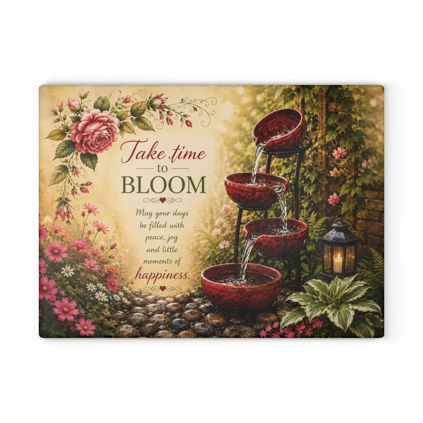 Take Time to Bloom Glass Cutting Board – Inspirational Garden Water Fountain Artwork with Peaceful Floral Design
