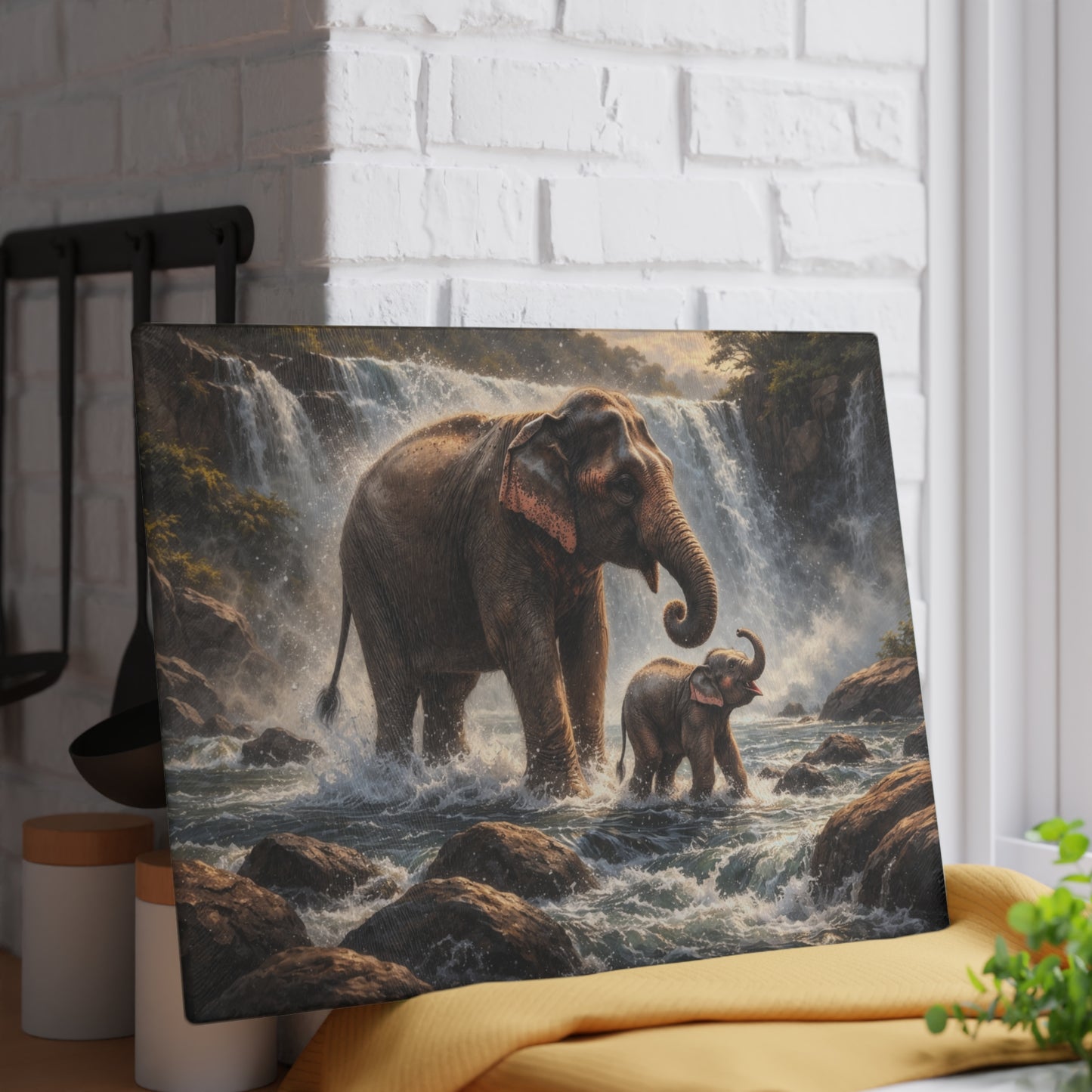 Elephant Waterfall Wildlife Glass Cutting Board – Majestic Nature Scene Kitchen Art