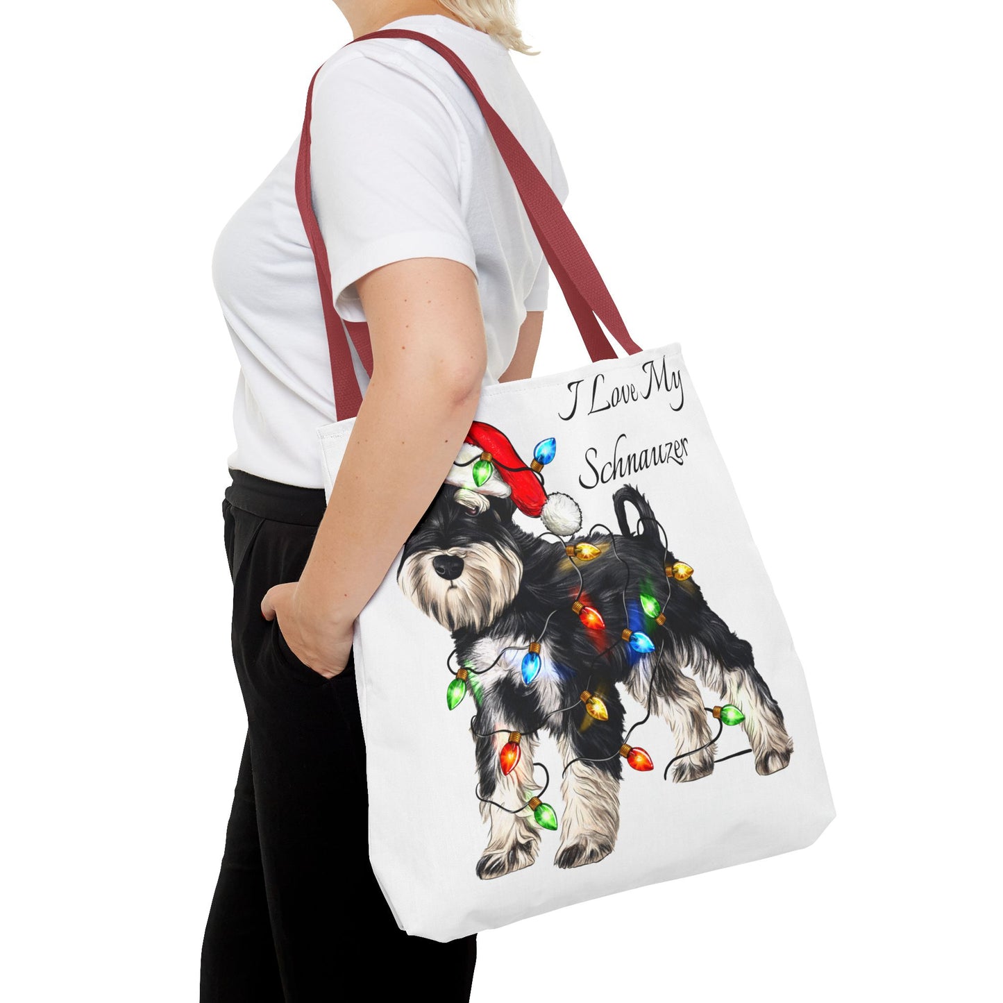 🎄 I Love My Schnauzer Tote Bag – Christmas Lights & Holiday Woofs 🐾