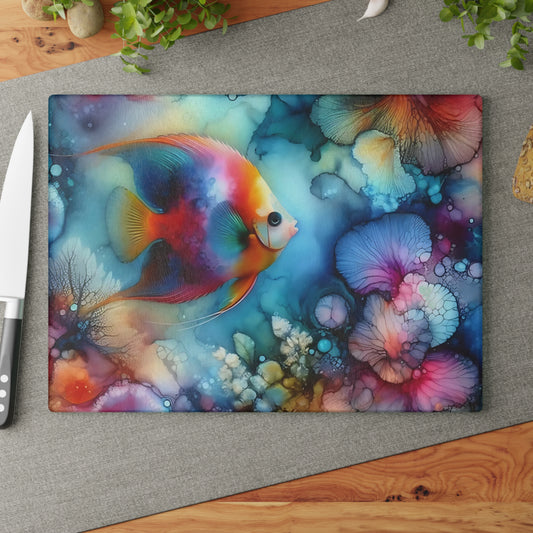 Tabla de cortar de vidrio con diseño de peces tropicales: arte oceánico con acuarela vibrante para exhibir en la cocina